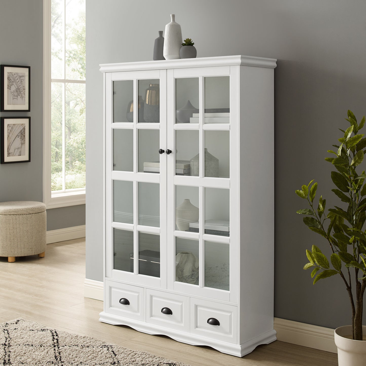 Storage Cabinet with Tempered Glass Doors Curio Cabinet with Adjustable Shelf Display Cabinet with Triple Drawers,White