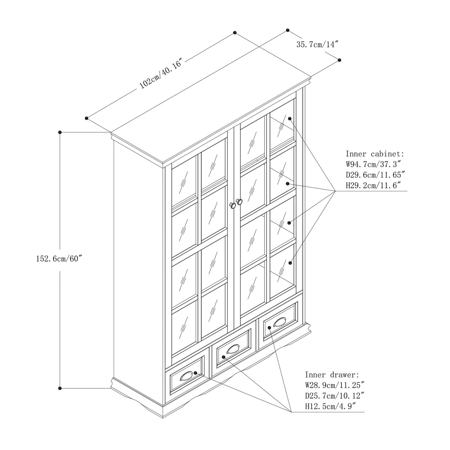 Storage Cabinet with Tempered Glass Doors Curio Cabinet with Adjustable Shelf Display Cabinet with Triple Drawers,White