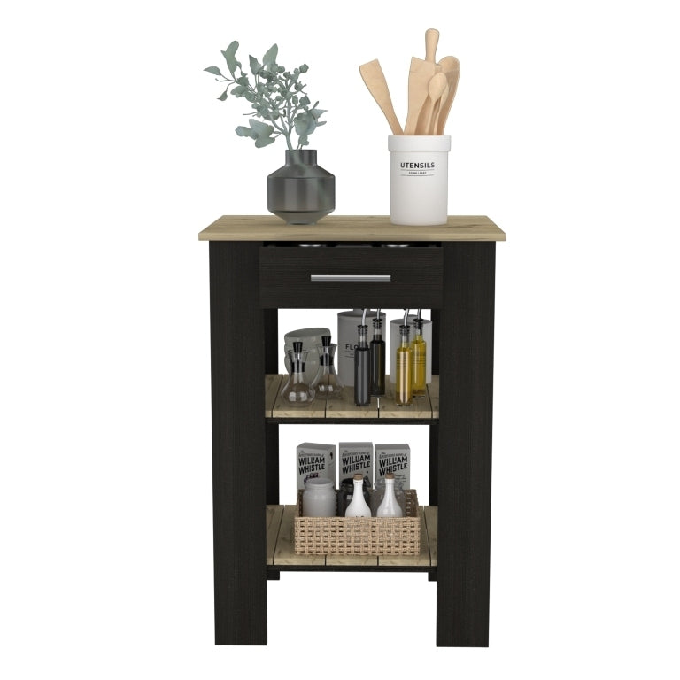 Kitchen Island 23 Inches Dozza with Single Drawer and Two-Tier Shelves, Black Wengue / Light Oak Finish