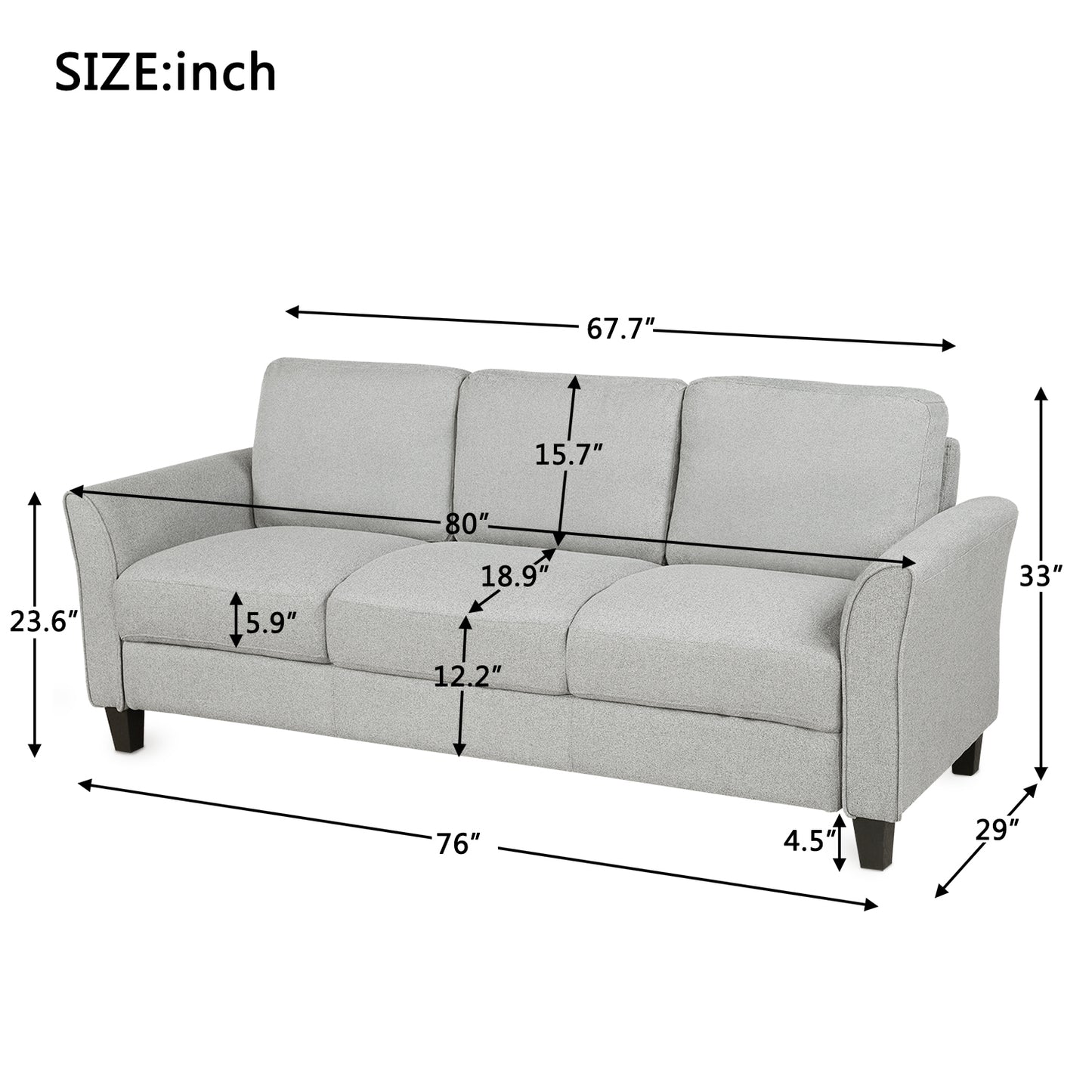 3-Seat Sofa Living Room Linen Fabric Sofa (Light Gray)
