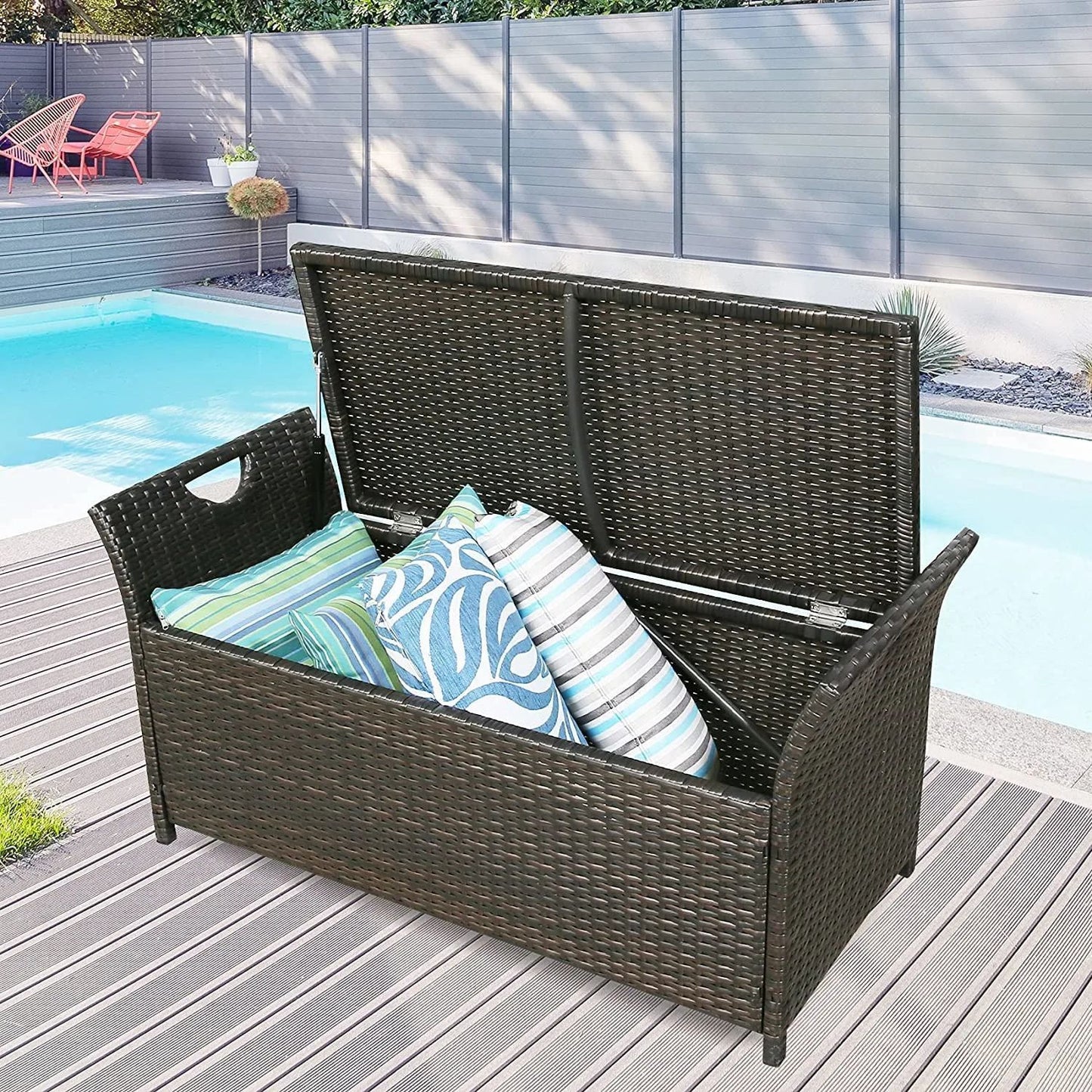 Patio Wicker Storage Bench Outdoor Rattan Deck Storage Box with Red Cushion