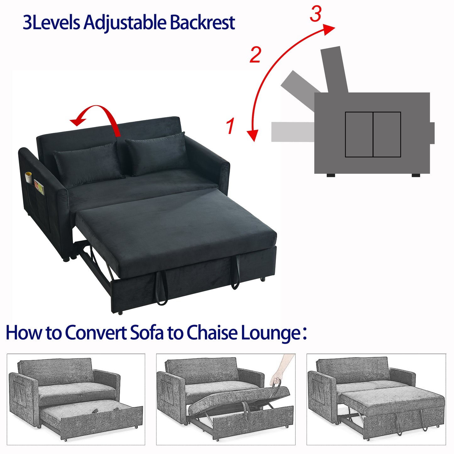 3-in-1 Versatile Velvet Convertible Sofa Bed