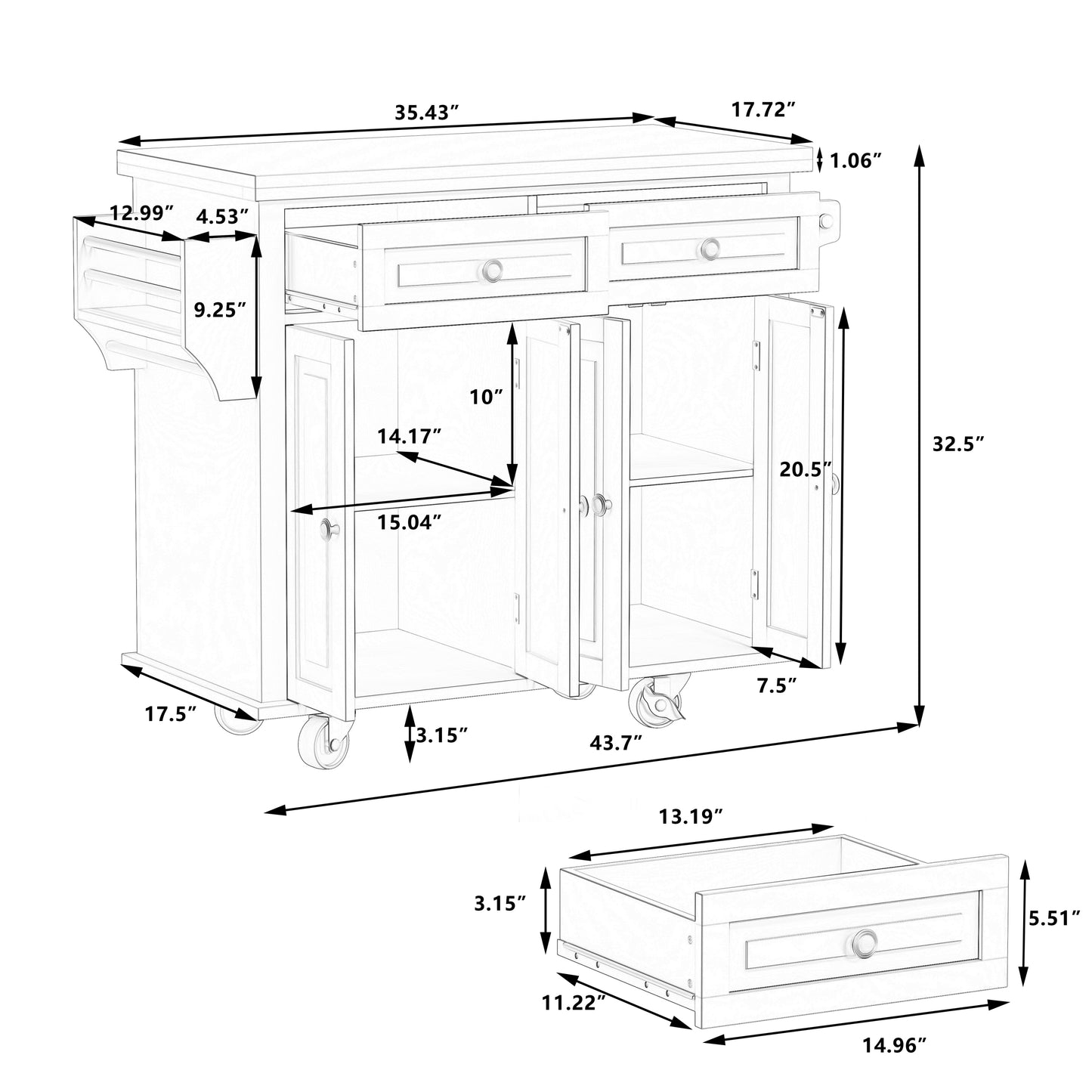 Kitchen Island Cart with Two Storage Cabinets and Two Locking Wheels，43.31 Inch Width，4 Door Cabinet and Two Drawers，Spice Rack, Towel Rack （Black)