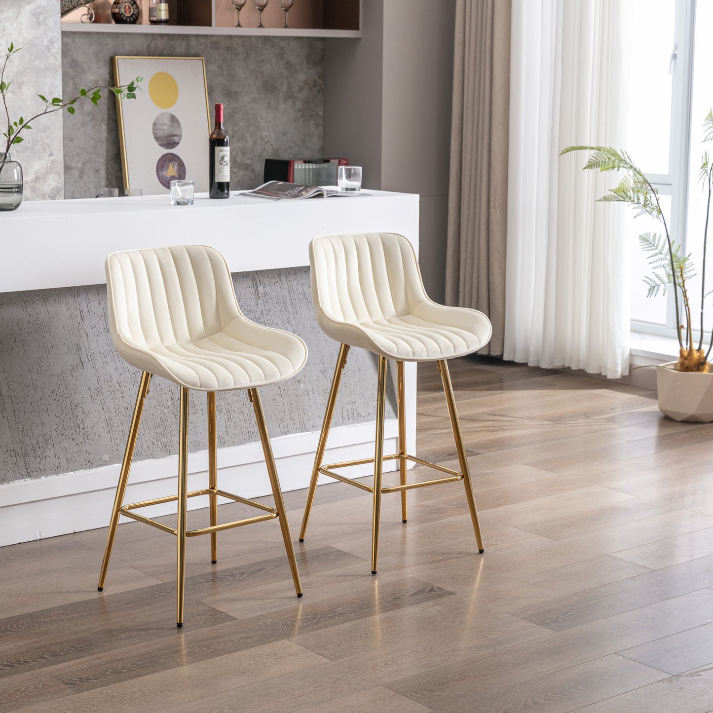 26 " Set of 2 Bar Stools with Chrome Footrest - Cream