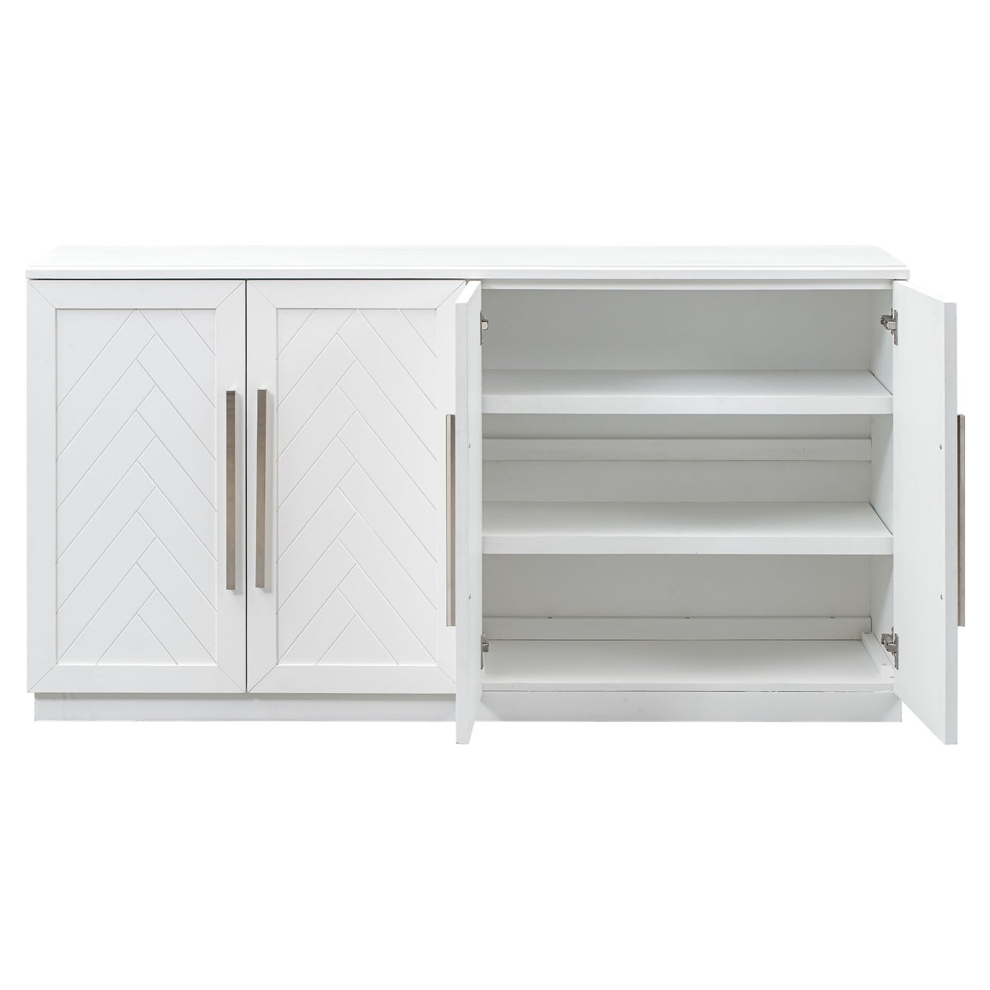 TREXM Sideboard with 4 Doors Large Storage Space Buffet Cabinet with Adjustable Shelves and Silver Handles for Kitchen, Dining Room, Living Room (White)