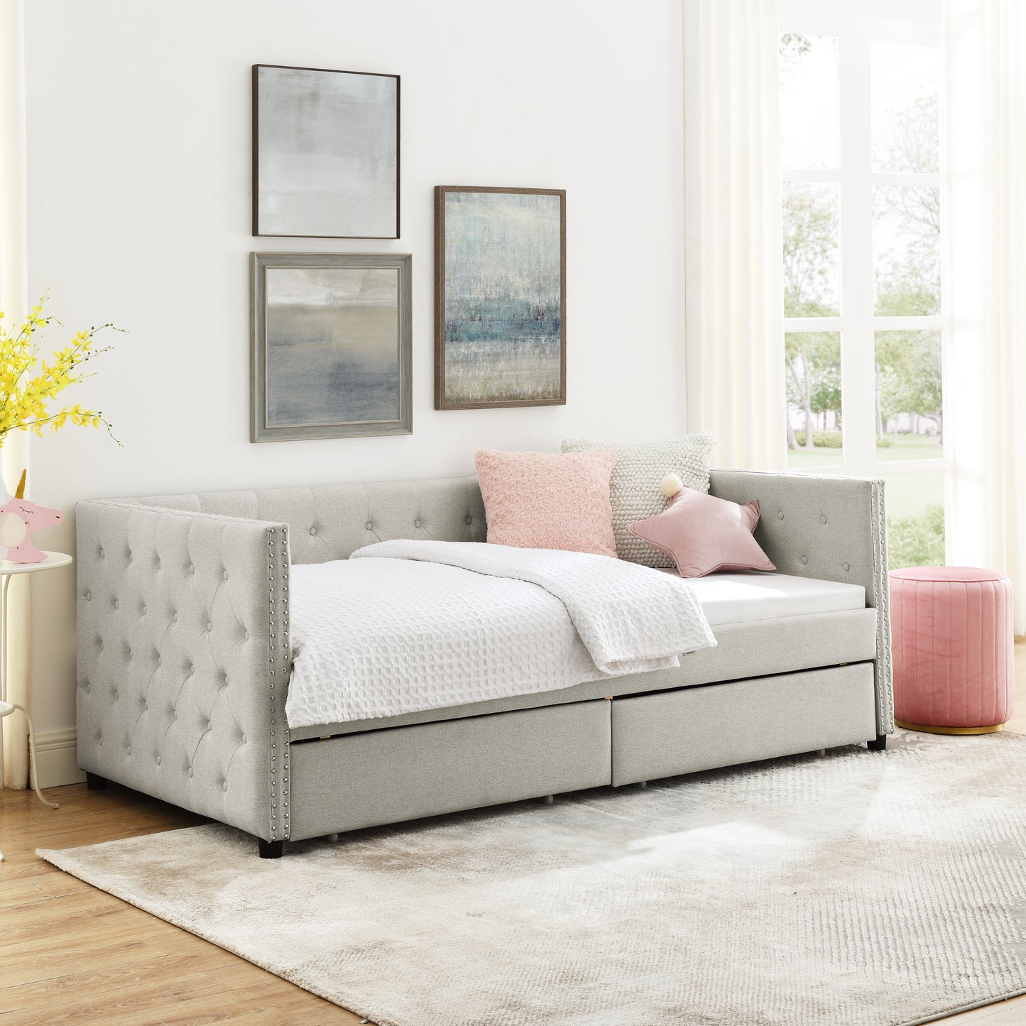 Upholstered Twin Size Daybed with Two Drawers, with Button and Copper Nail on Square Arms, Beige (82.75''x43''x30.75'')