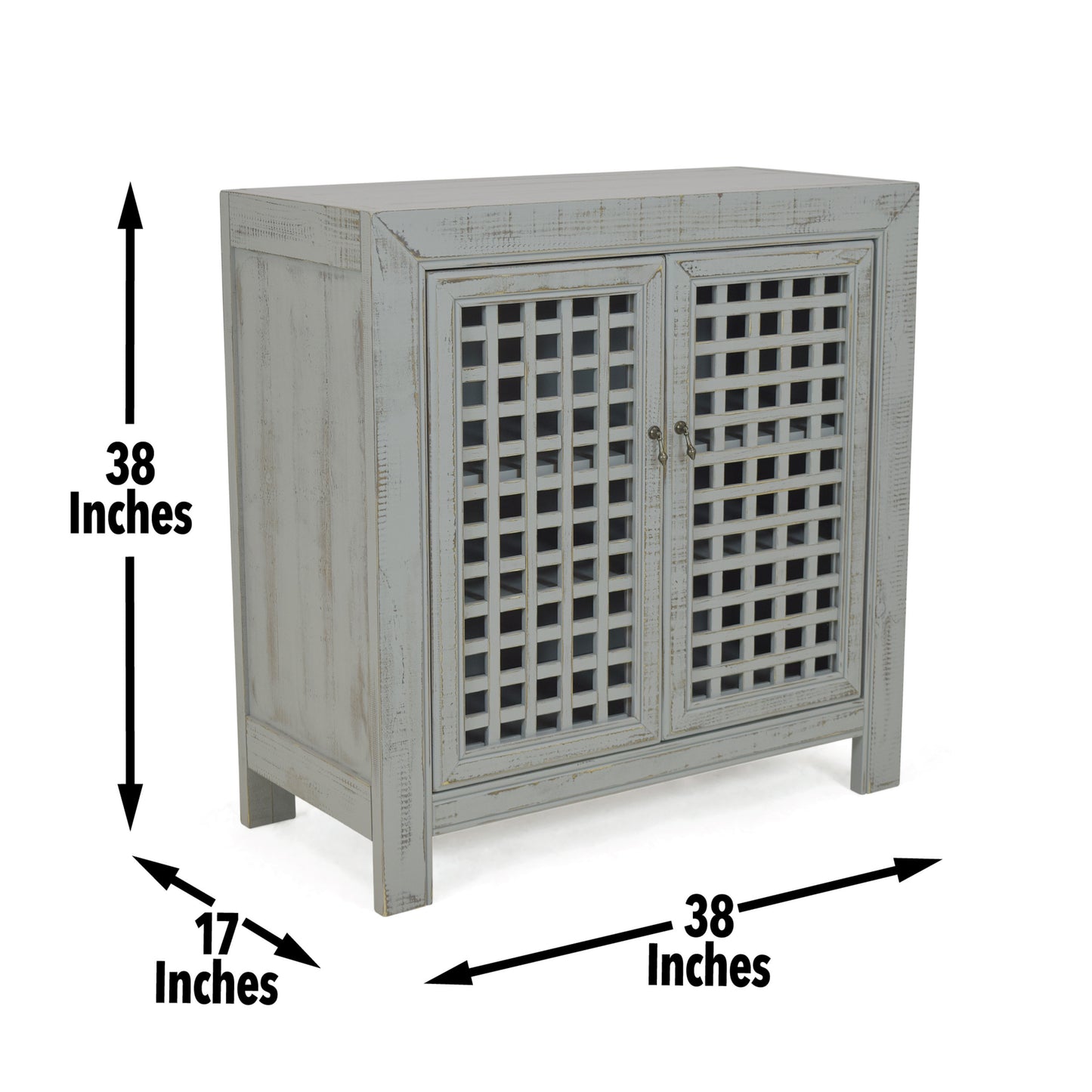 Farmhouse Inspired Accent Cabinet - Lattice Work Front, Distressed Grey Finish