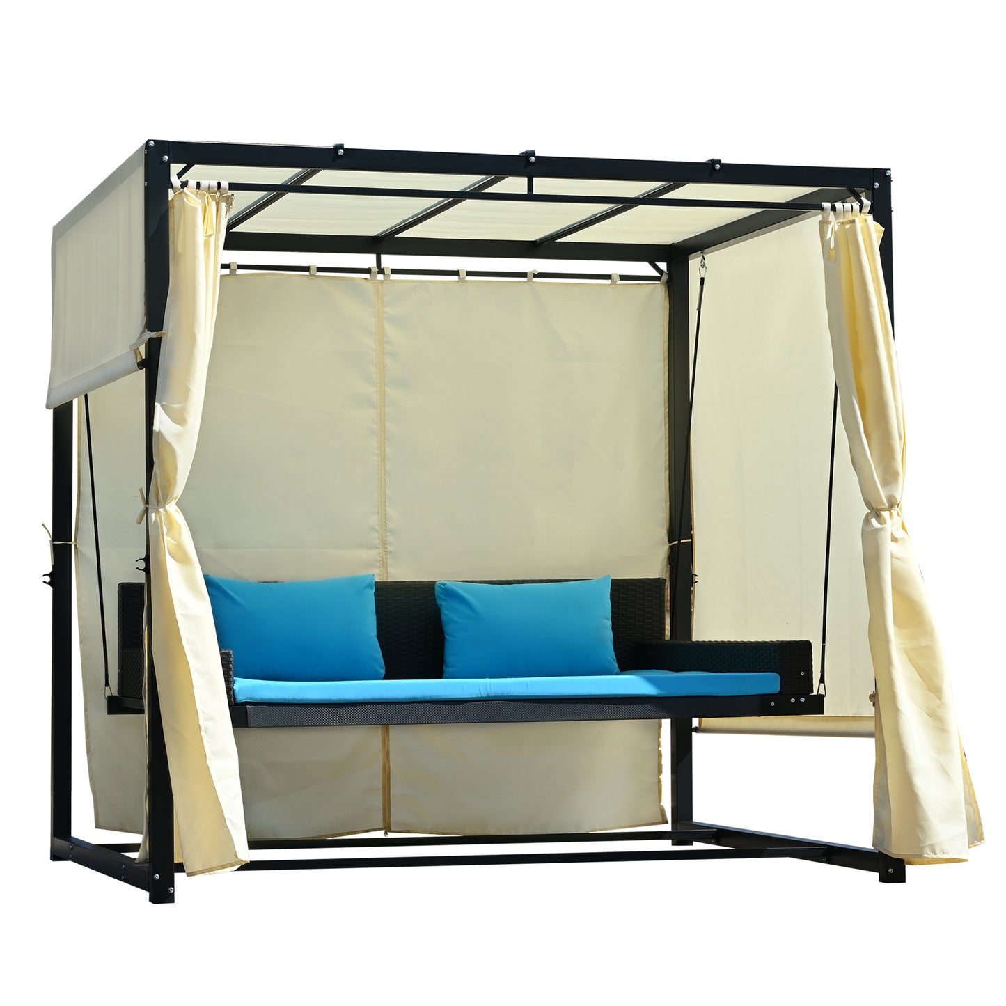 [VIDEO provided]U_Style 2-3 People Outdoor Swing Bed,Adjustable Curtains,Suitable For Balconies, Gardens And Other Places