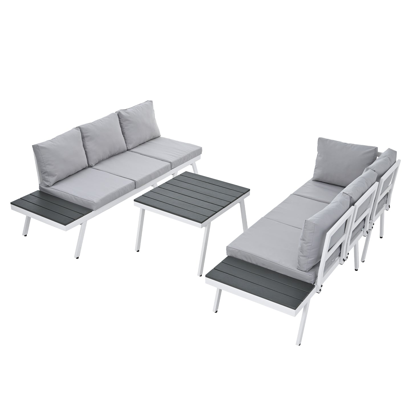 TOPMAX Industrial 5-Piece Aluminum Outdoor Patio Furniture Set, Modern Garden Sectional Sofa Set with End Tables, Coffee Table and Furniture Clips for Backyard, White+Grey