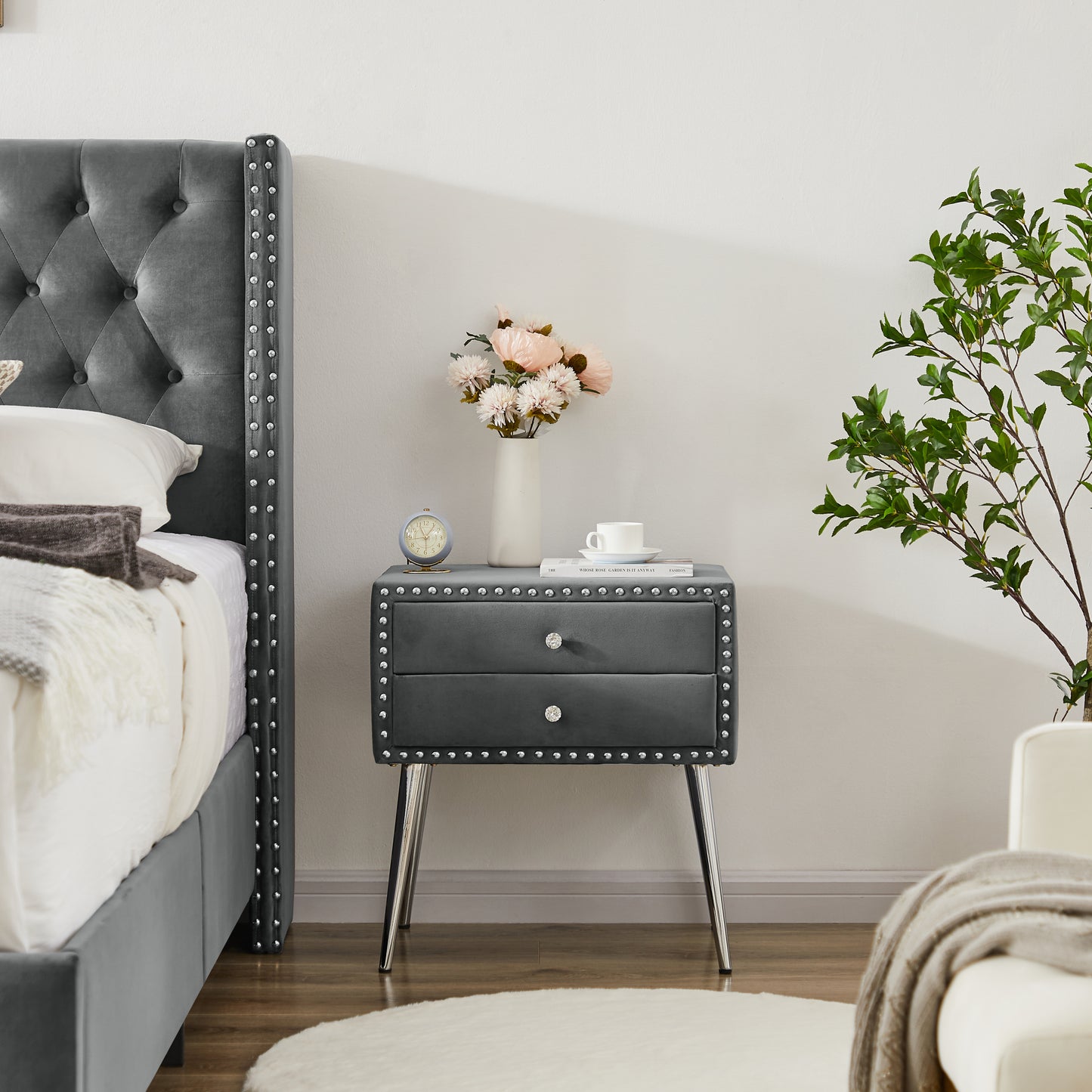 King bed with two nightstands, Button tufted gray