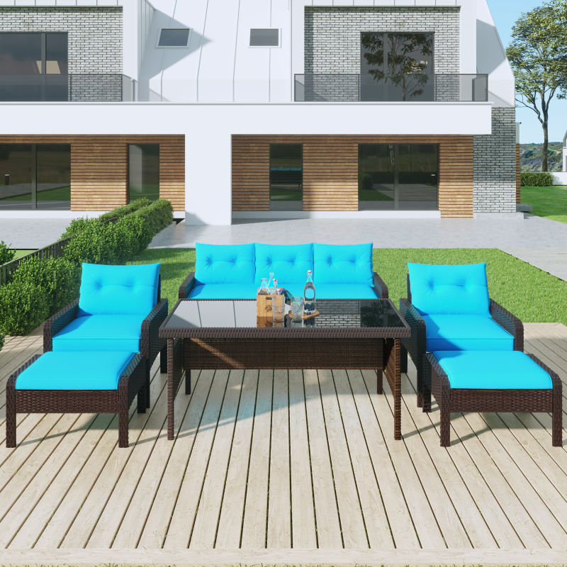 TOPMAX 6-Piece Outdoor Patio PE Wicker Rattan Sofa Set Dining Table Set with Removable Cushions and Tempered Glass Tea Table for Backyard, Poolside, Deck, Brown Wicker+Blue Cushion