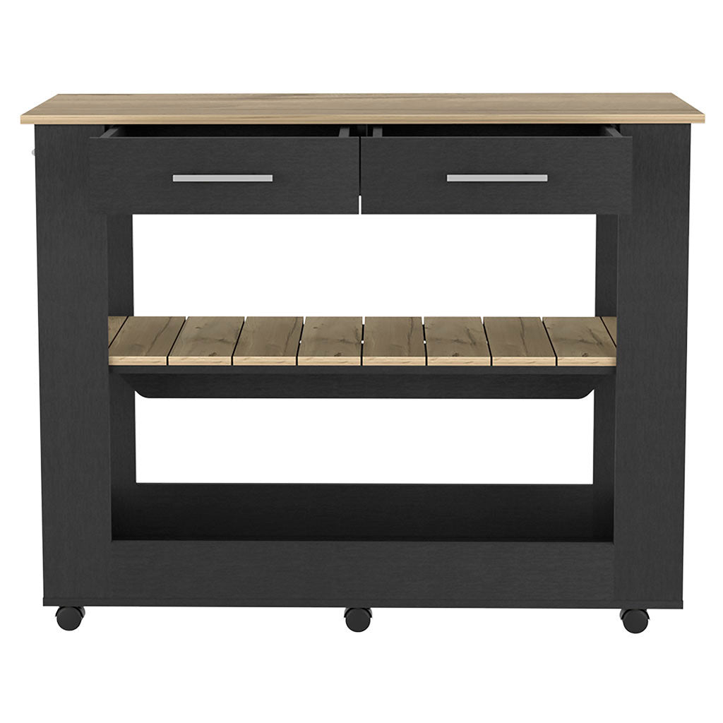 Kitchen Island 46 Inches Dozza, Two Drawers, Black Wengue / Light Oak Finish