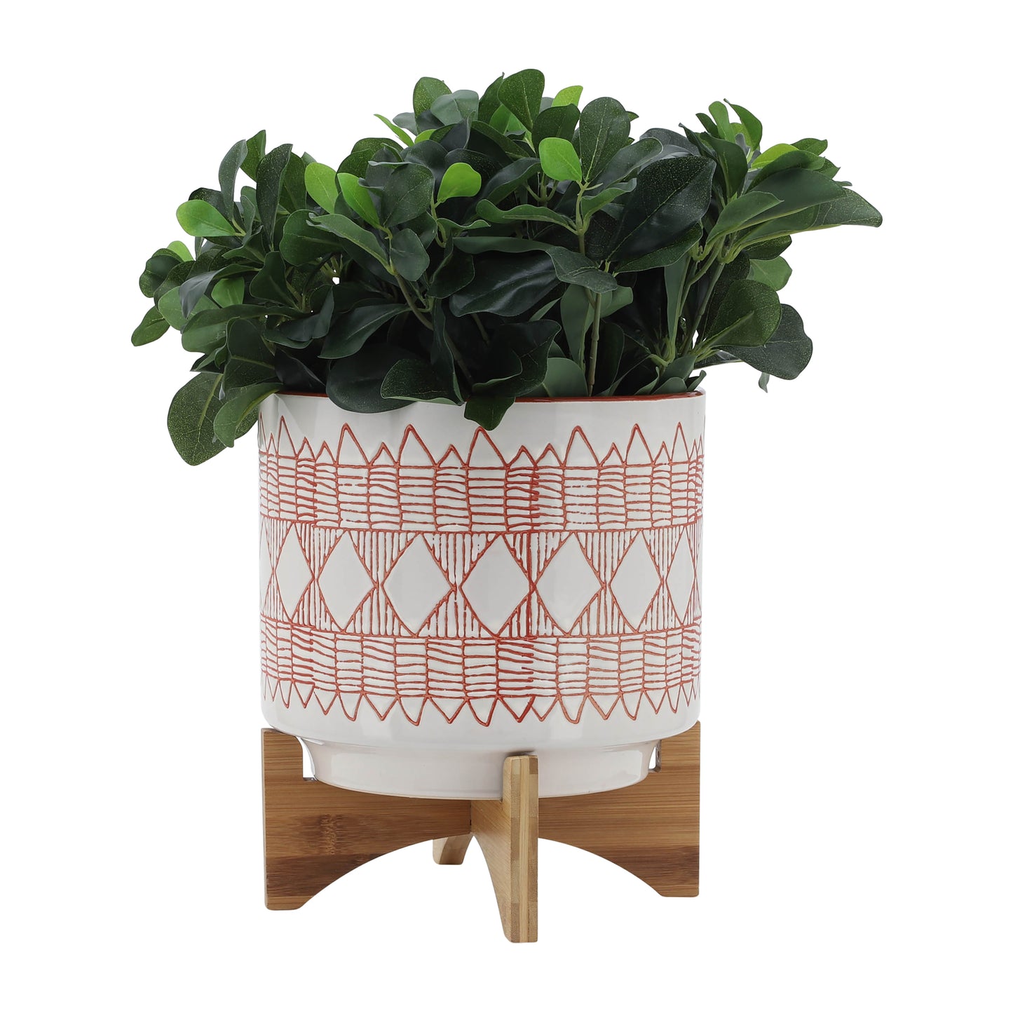 Ceramic 10" Aztec Planter on Wooden Stand- Orange