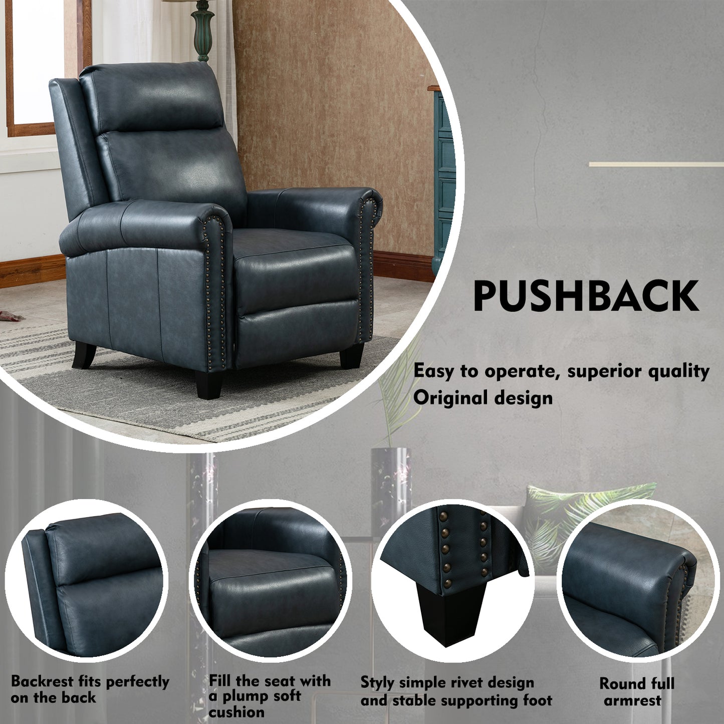 33.5inch Wide Genuine Leather Manual Ergonomic Recliner