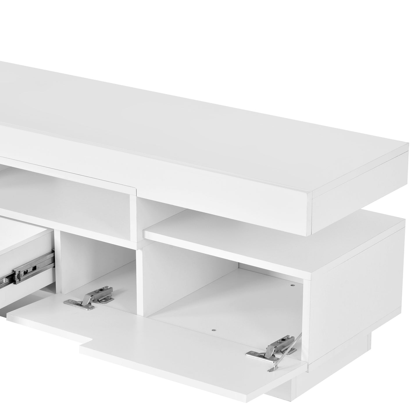 On-Trend TV Stand with 4 Open Shelves, Modern High Gloss Entertainment Center for 75 Inch TV, Universal TV Storage Cabinet with 16-color RGB LED Color Changing Lights, White
