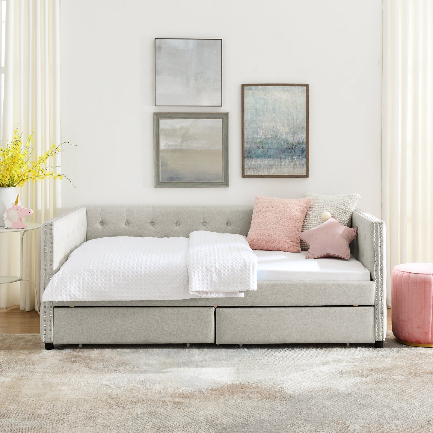 Upholstered Twin Size Daybed with Two Drawers, with Button and Copper Nail on Square Arms, Beige (82.75''x43''x30.75'')