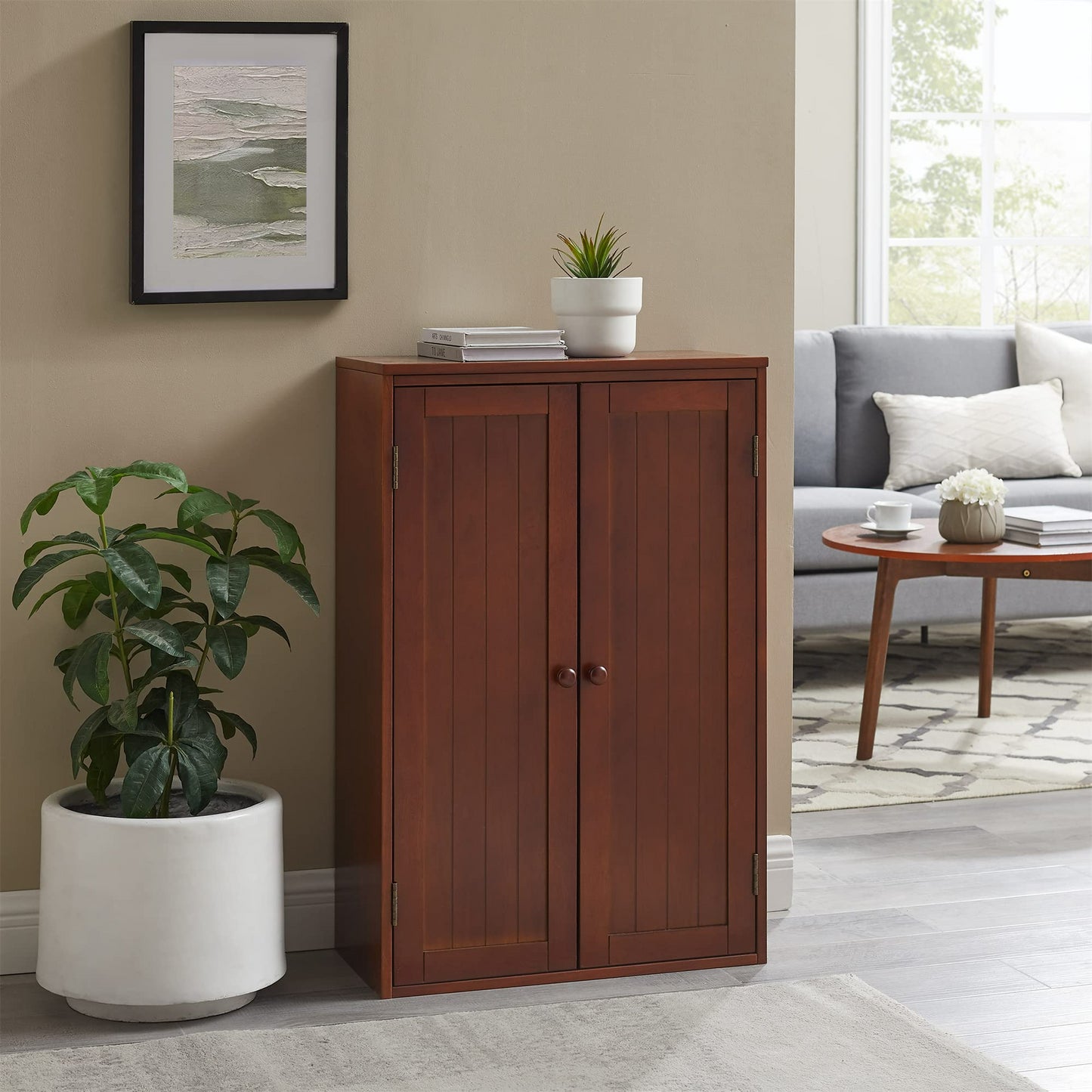 Bathroom Storage Cabinet Freestanding Wooden Floor Cabinet with Adjustable Shelf and Double Door Walnut