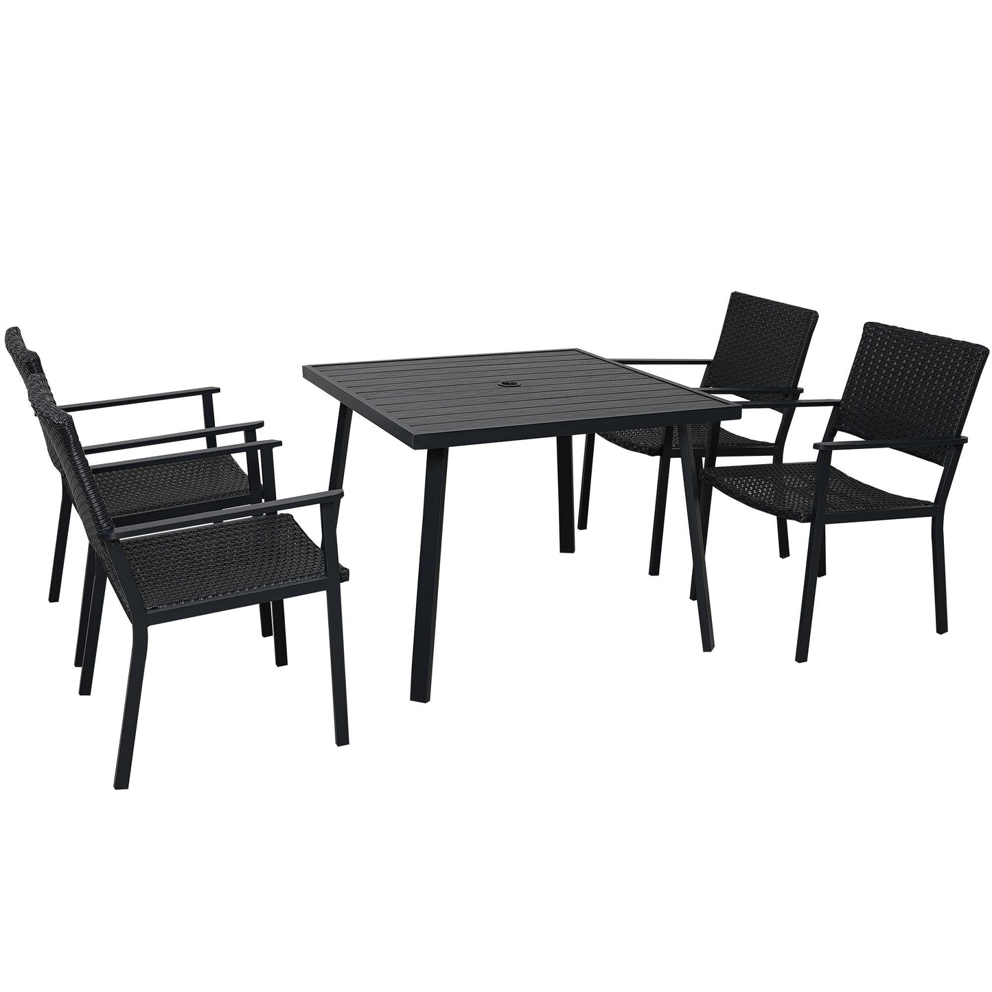 TOPMAX Outdoor Patio PE Wicker 5-Piece Dining Table Set with Umbrella Hole and 4 Dining Chairs for Garden, Deck,Black Frame+Black Rattan