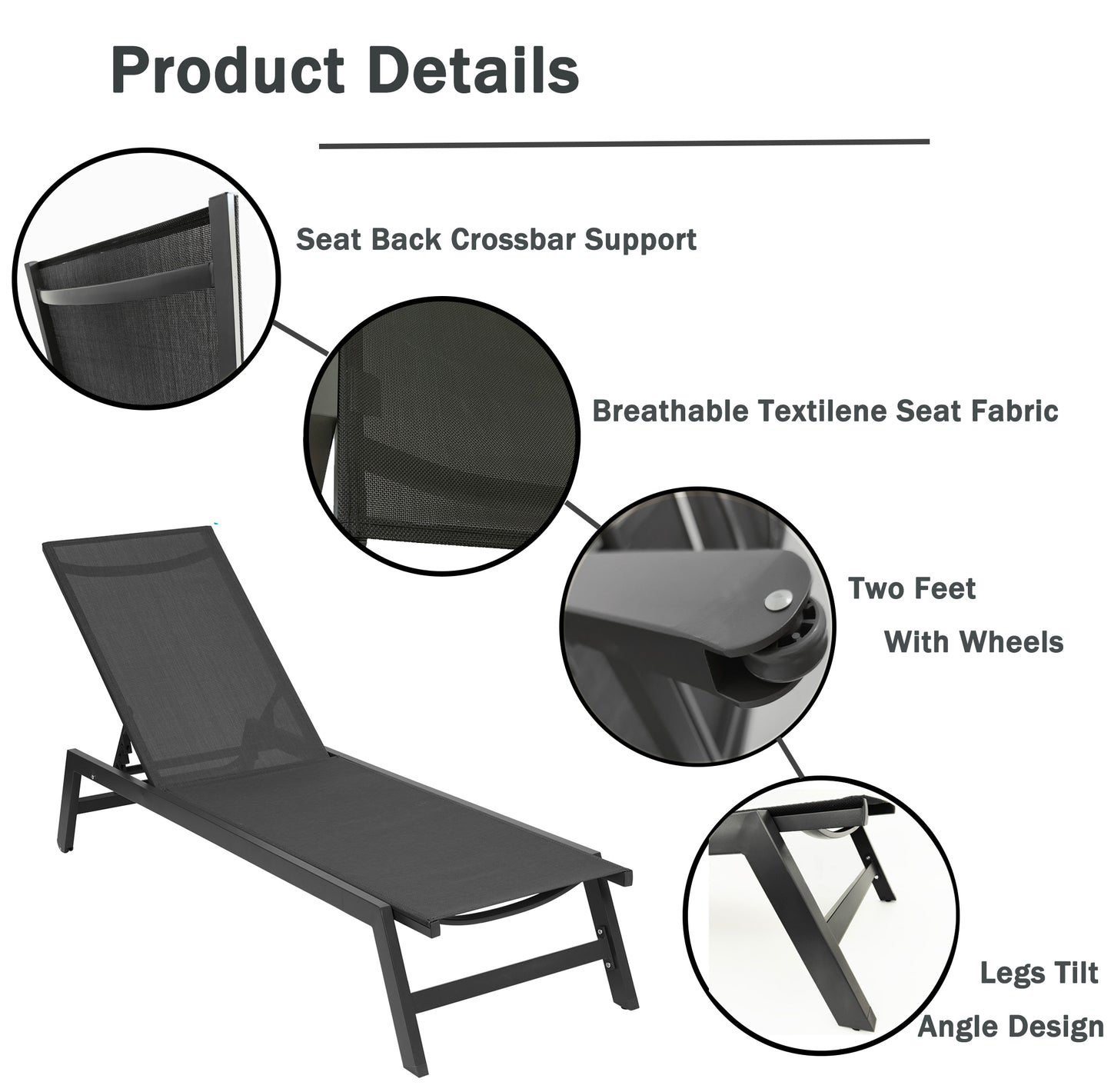 Outdoor 2-Pcs Set Chaise Lounge Chairs,Five-Position Adjustable Aluminum Recliner,All Weather for Patio,Beach,Yard,Pool ( Grey Frame/ Black fabric)