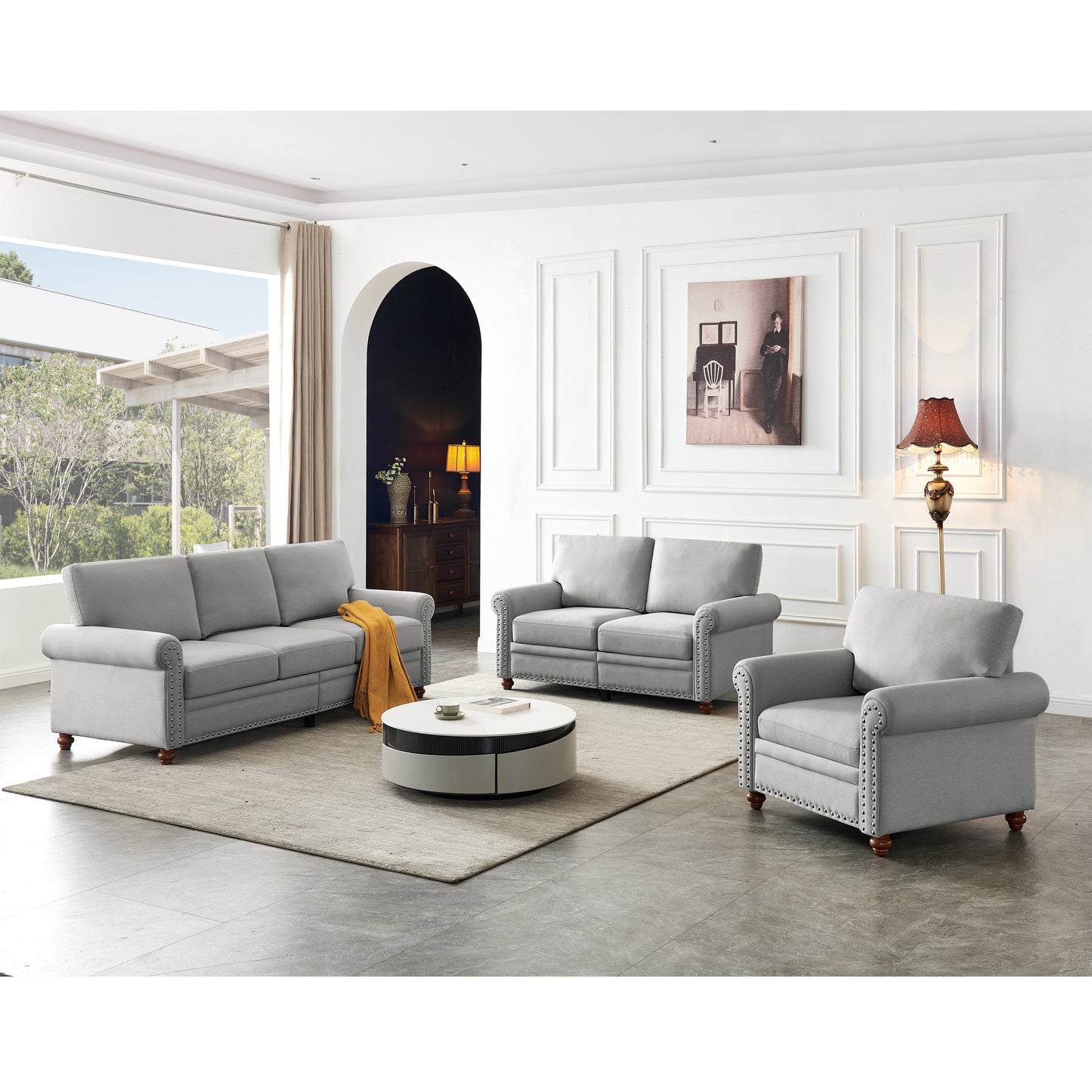 Linen Fabric Upholstery with Storage Sofa 1+2+3 Sectional (Grey)