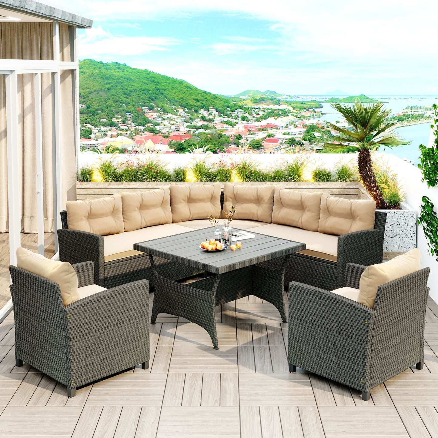 GO 6-Piece Outdoor Wicker Sofa Set, Patio Rattan Dinning Set, Sectional Sofa with Thick Cushions and Pillows, Plywood Table Top, For Garden, Yard, Deck. (Gray Wicker, Beige Cushion)