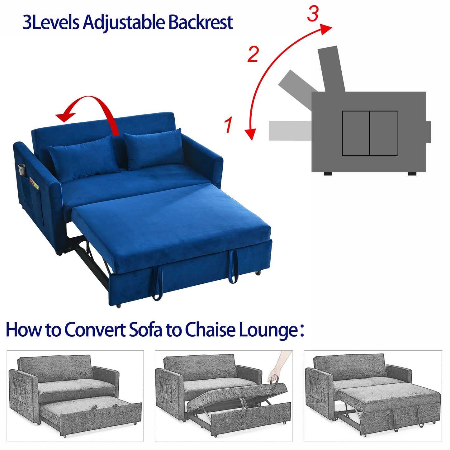 3-in-1 Versatile Velvet Convertible Sofa Bed