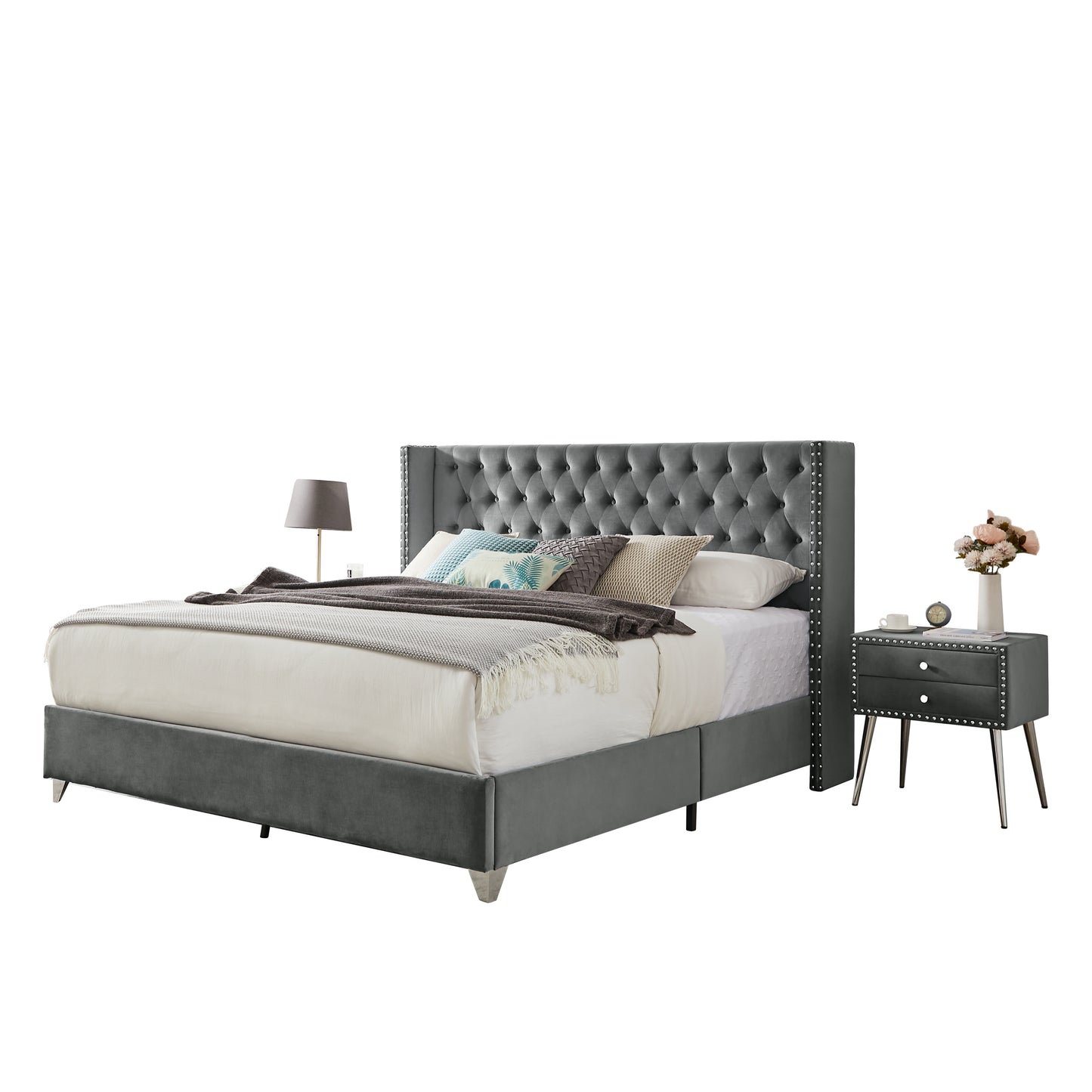 King bed with two nightstands, Button tufted gray