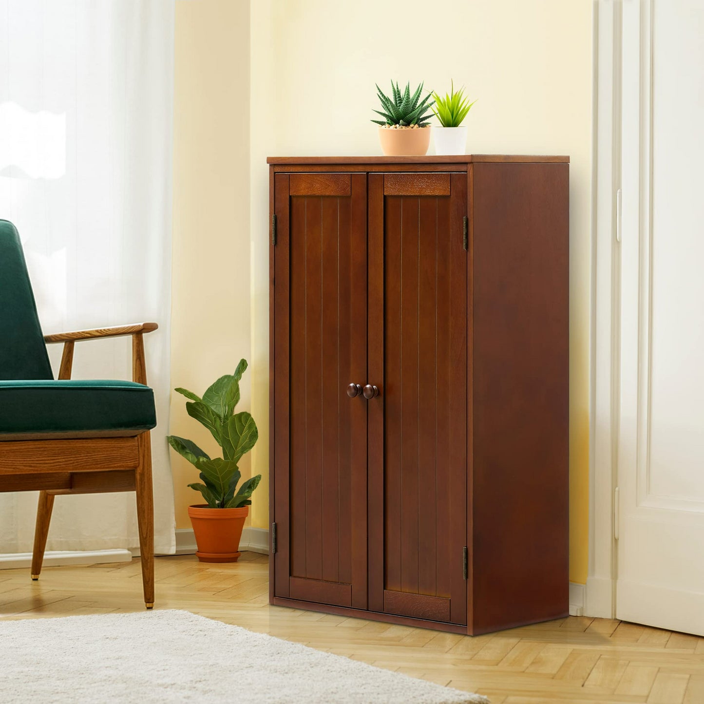 Bathroom Storage Cabinet Freestanding Wooden Floor Cabinet with Adjustable Shelf and Double Door Walnut