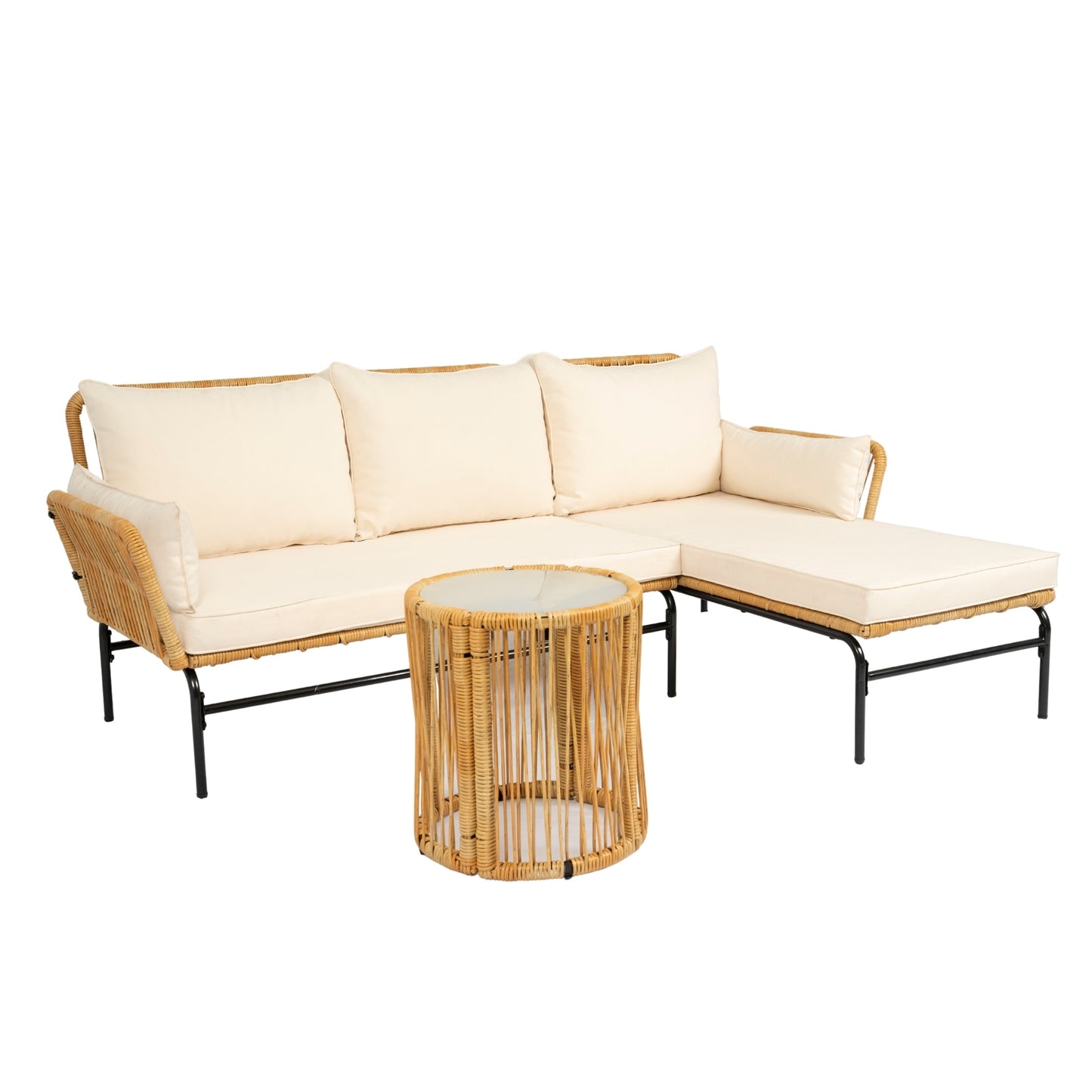 Modern 3-Piece Patio Furniture Set -Yellow Wicker + Creme Cushion