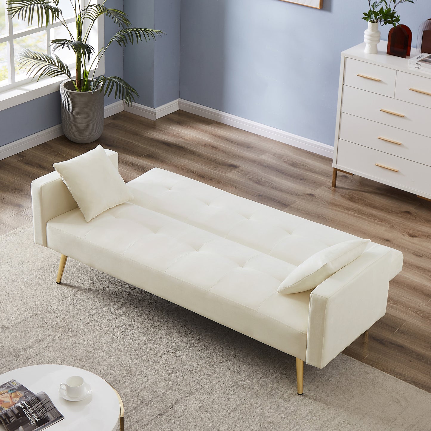 Cream White Velvet  Convertible Folding Futon Sofa Bed