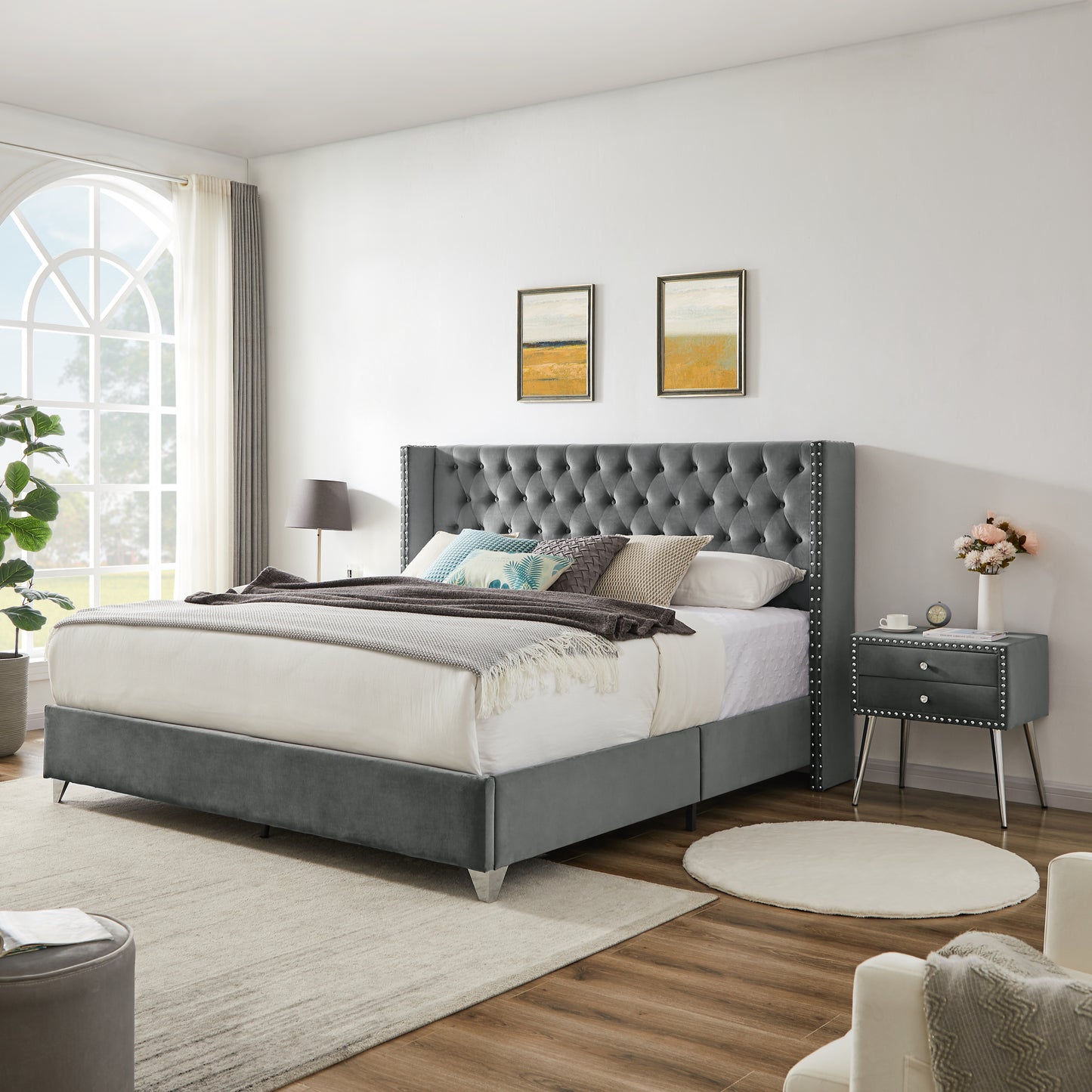 King bed with two nightstands, Button tufted gray