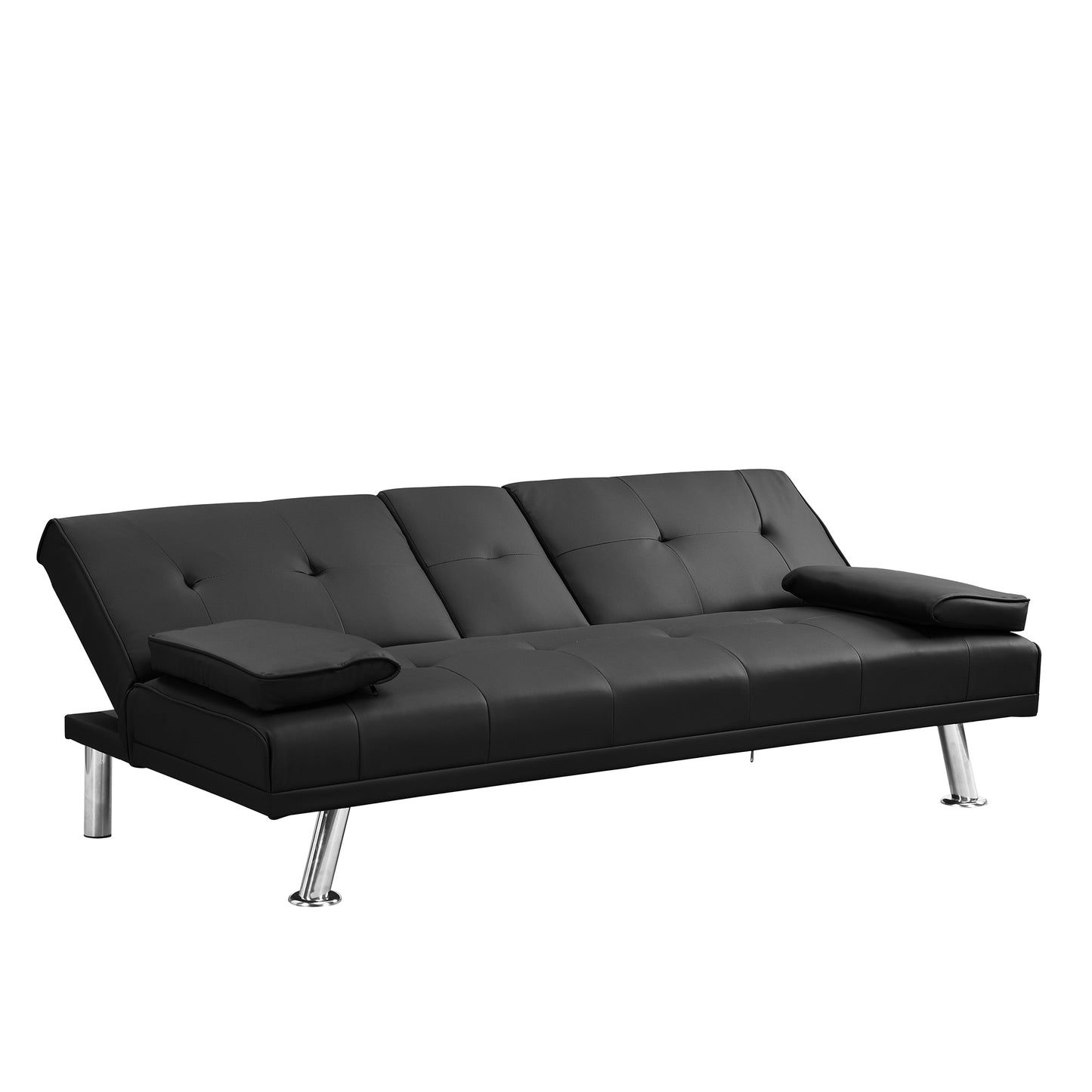 Sofa Bed with Armrest two holders  WOOD FRAME, STAINLESS LEG, FUTON BLACK  PVC