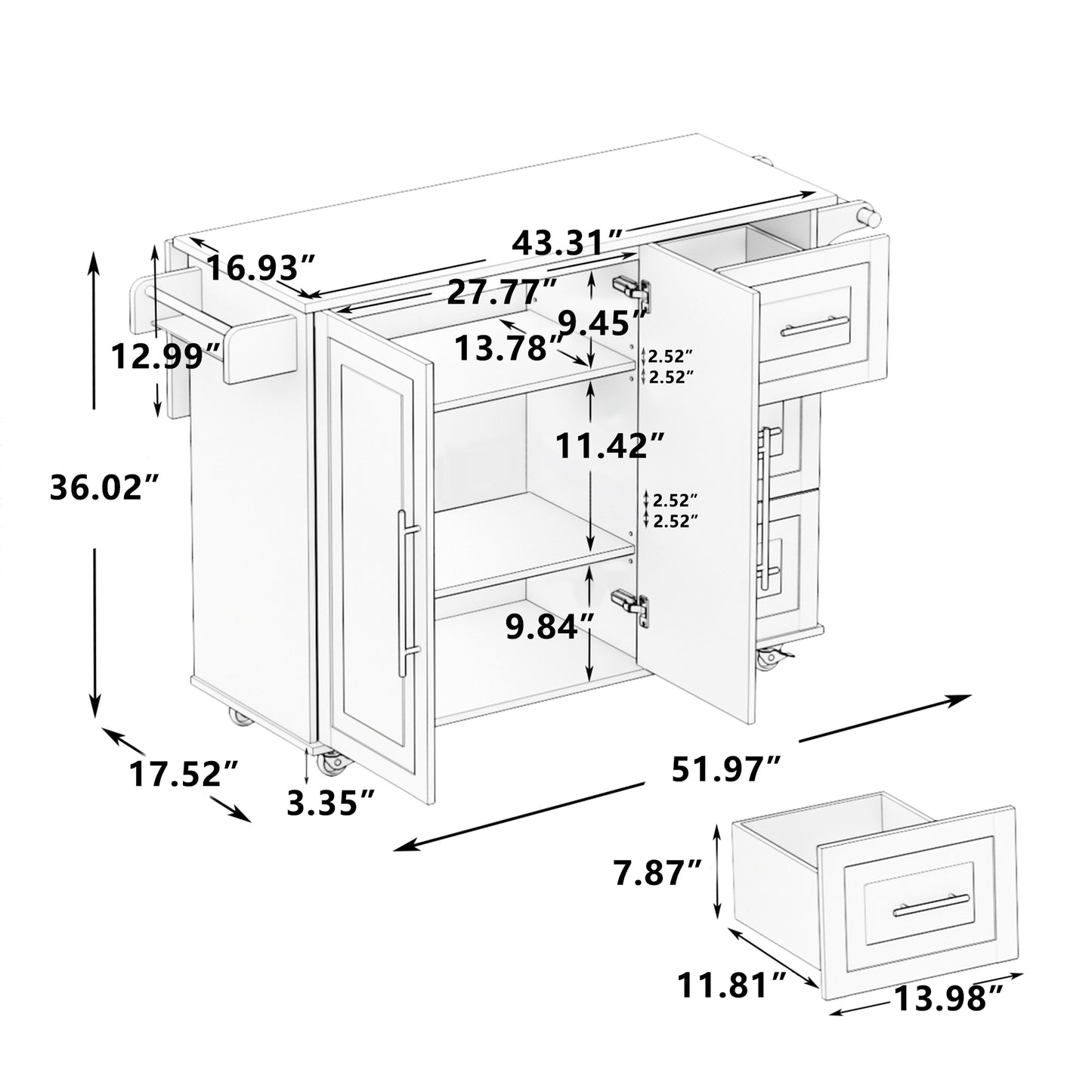 Kitchen Island Cart with 2 Door Cabinet and Three Drawers,43.31 Inch Width with Spice Rack, Towel Rack （White)