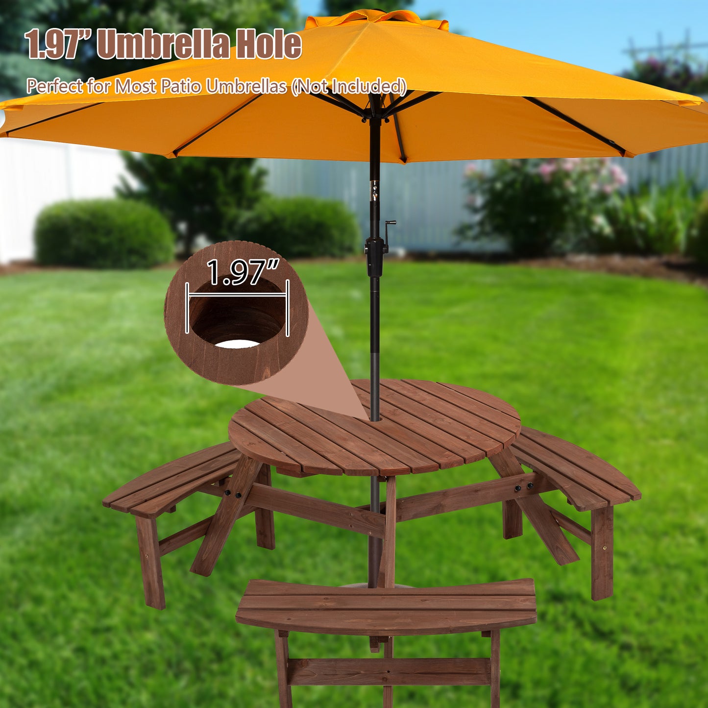 6 Person Circular Outdoor Wooden Picnic Table w/ 3 Built-in Benches for Patio