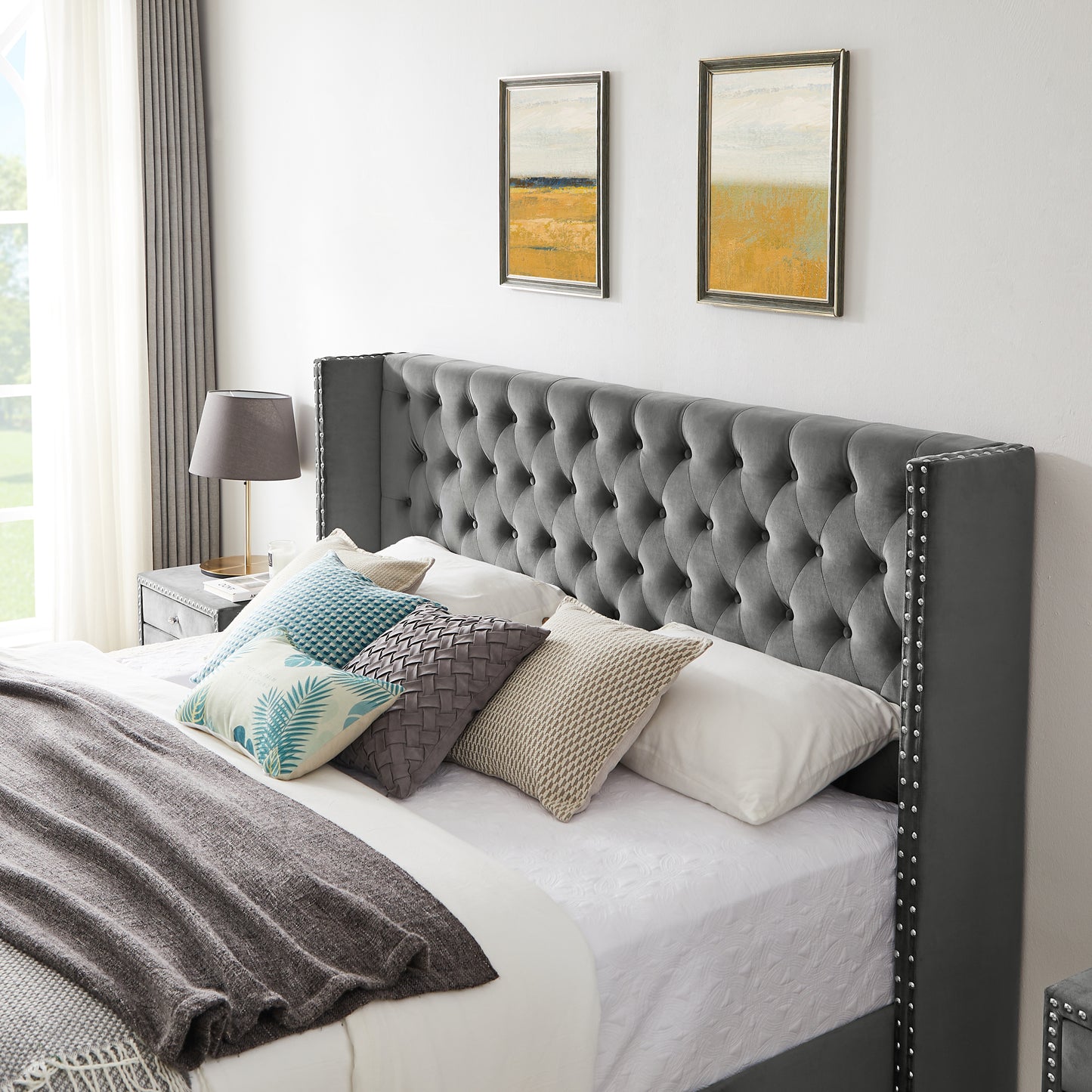 King bed with two nightstands, Button tufted gray