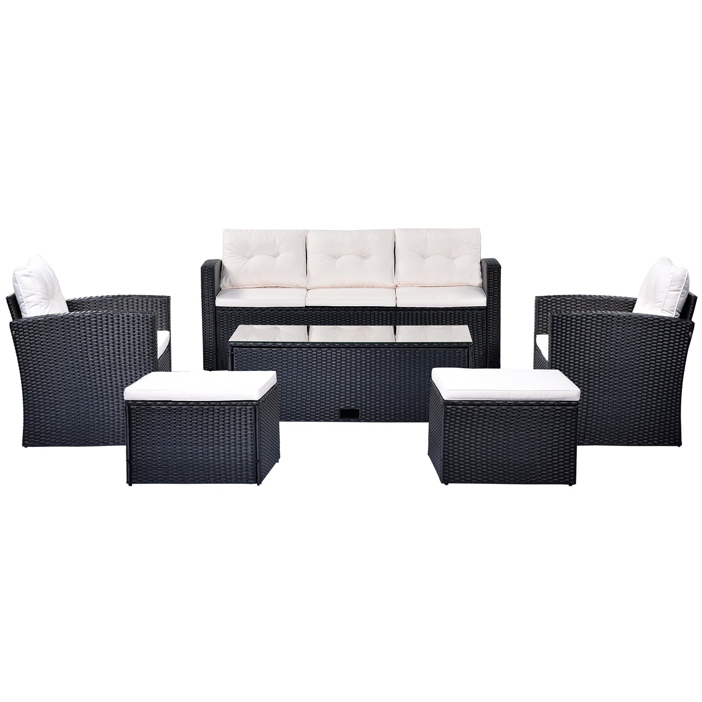 GO 6-piece All-Weather Wicker PE rattan Patio Outdoor Dining Conversation Sectional Set with coffee table, wicker sofas, ottomans, removable cushions (Black wicker, Beige cushion)