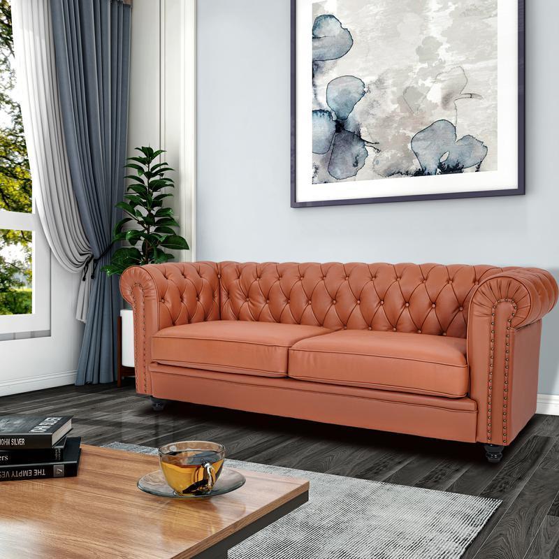 classic sofa 3-seat genuine leather solid wood oak feet