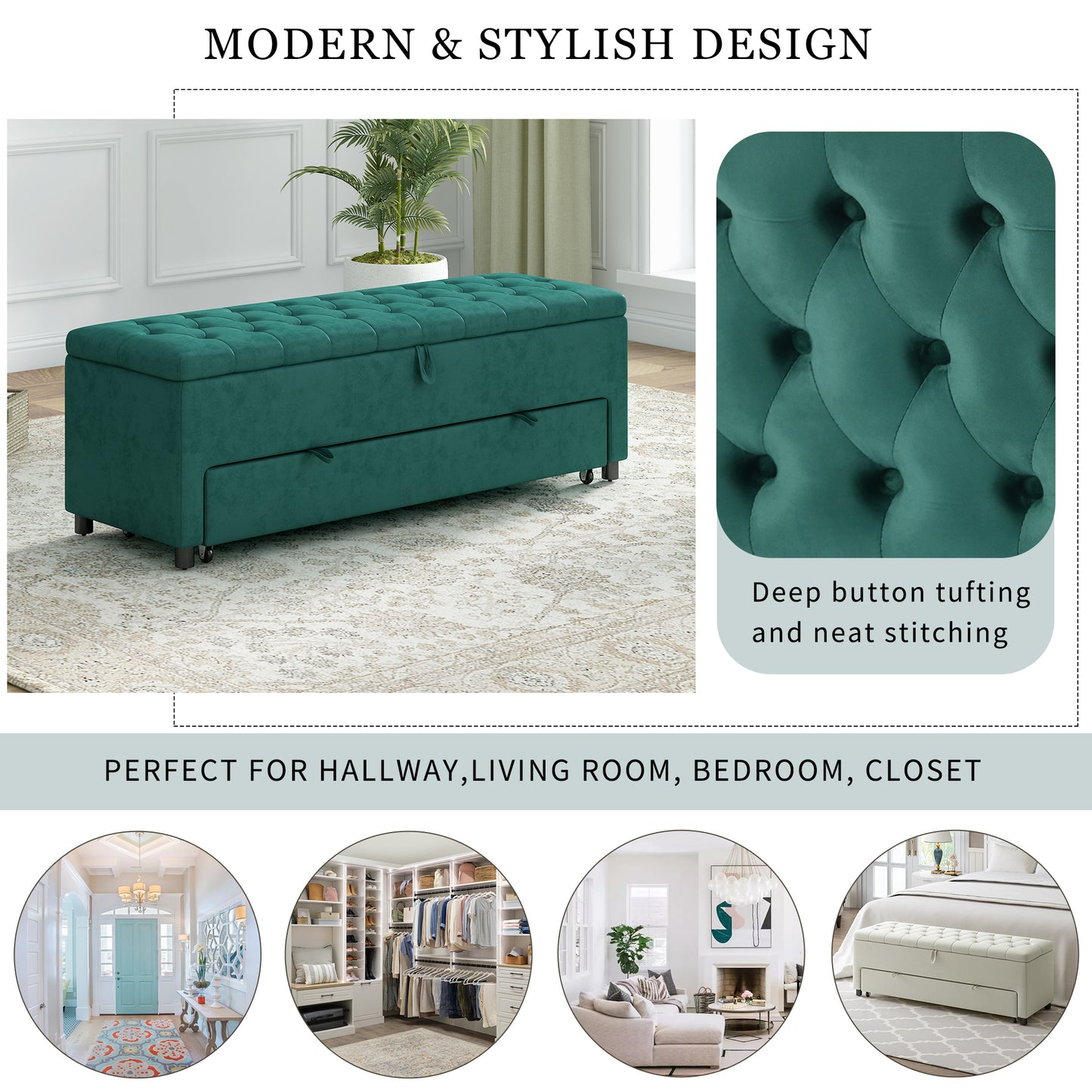 51.2" Button-Tufted Ottoman with Safety Close