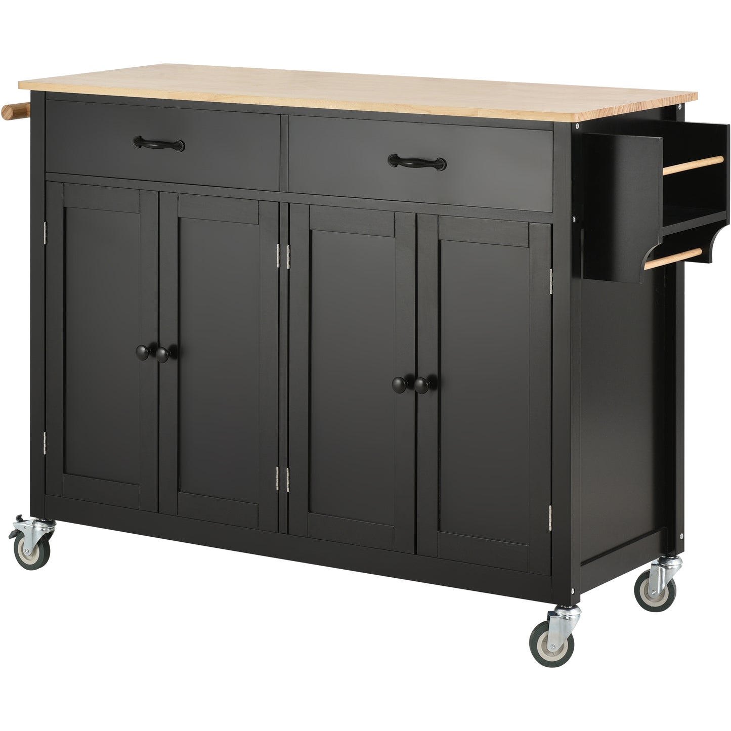 Kitchen Island Cart with Solid Wood Top and Locking Wheels,54.3 Inch Width,4 Door Cabinet and Two Drawers,Spice Rack, Towel Rack (Black)