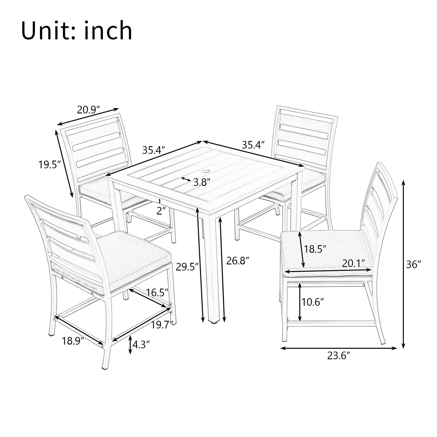 Ustyle Outdoor four-person dining table and chairs are suitable for courtyards, balconies, lawns