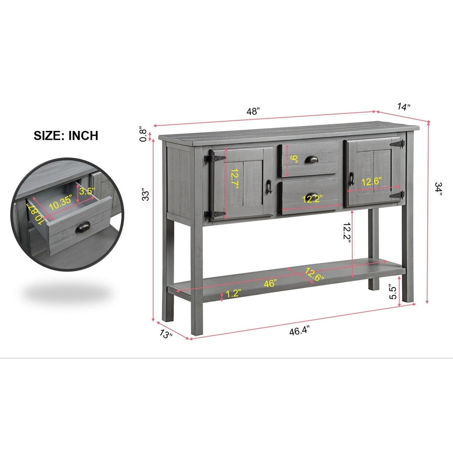 48'' Solid Wood Sideboard Console Table with 2 Drawers and Cabinets