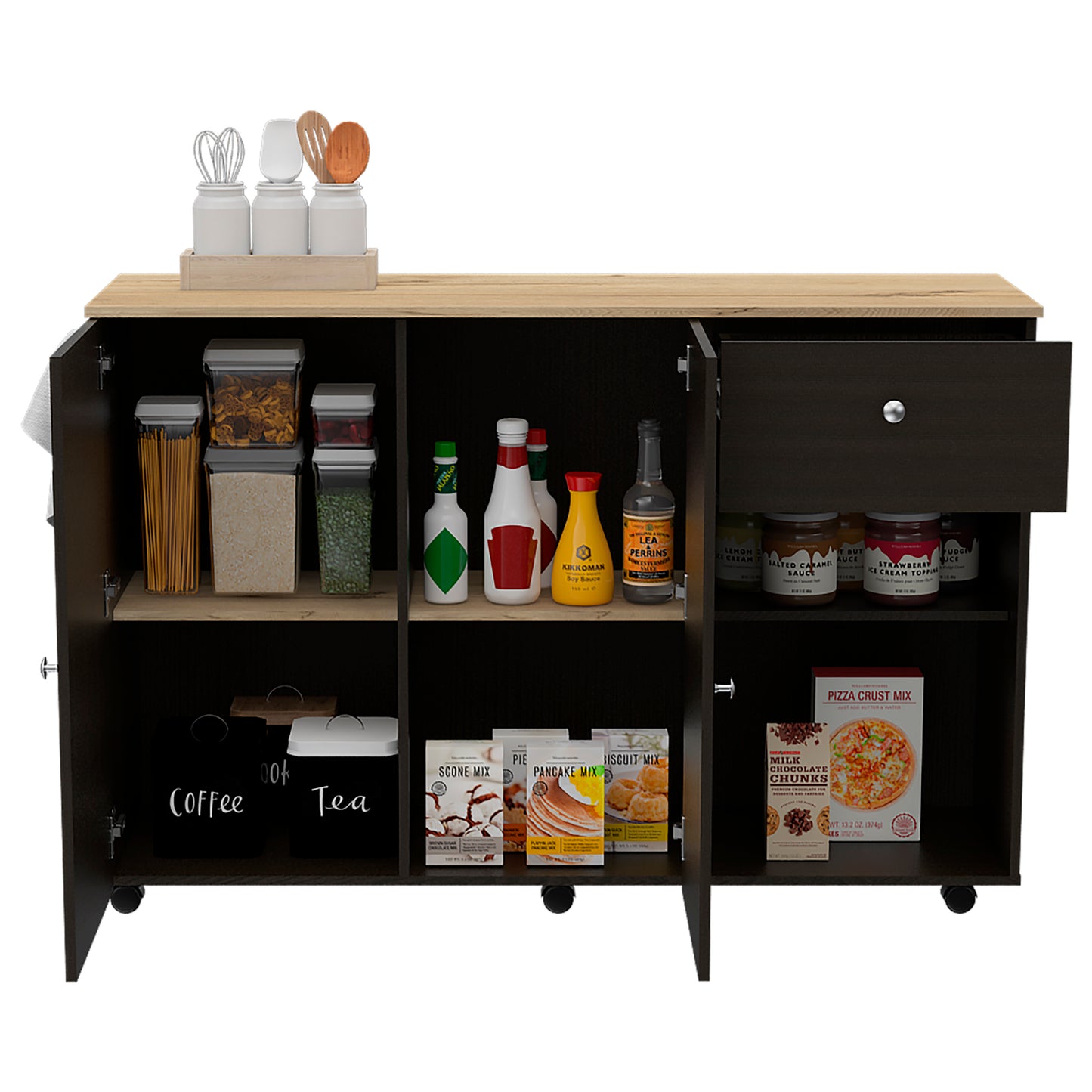 Kitchen Island Cart Victoria, Four Interior Shelves, Six Carters, One Drawer, Double Door Cabinet -Black