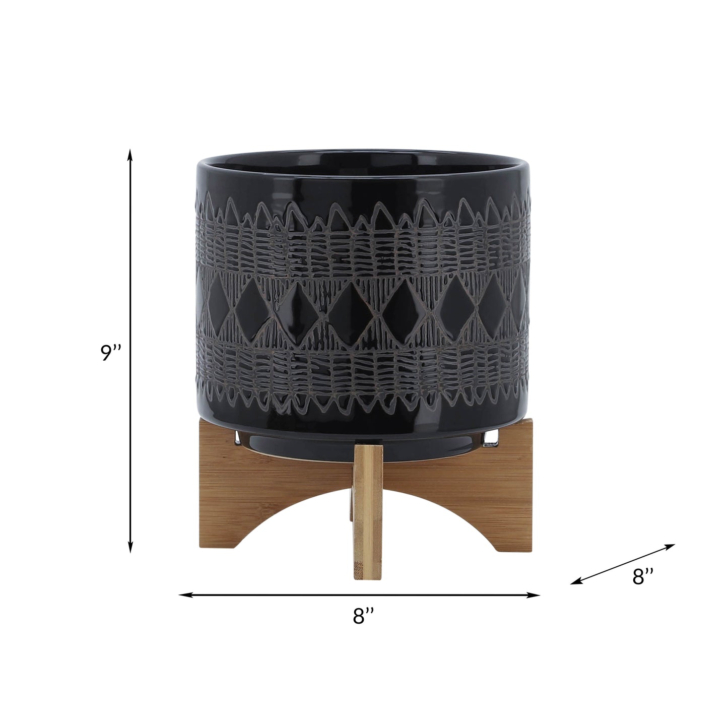 CERAMIC 8" AZTEC PLANTER ON WOODEN STAND, BLACK