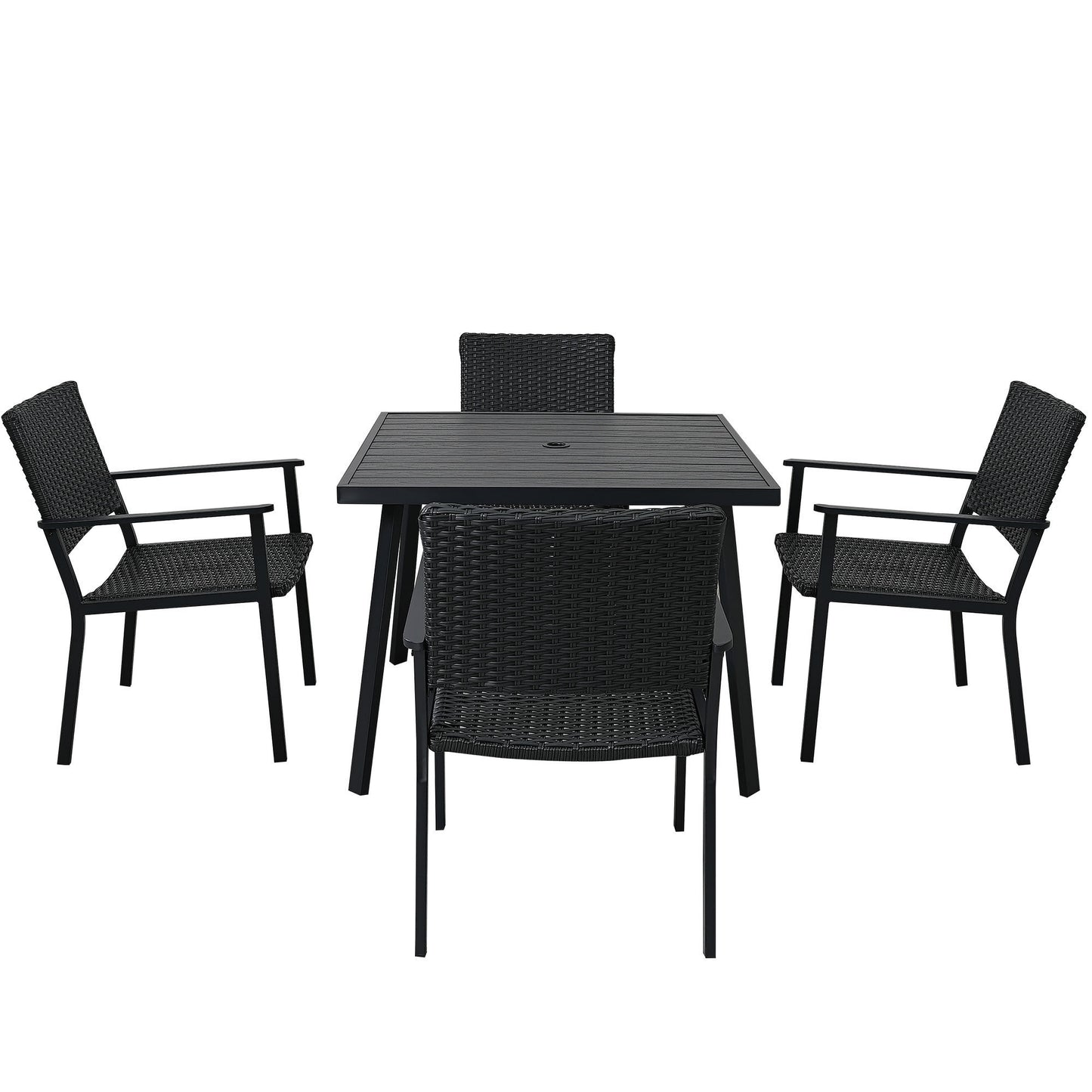 TOPMAX Outdoor Patio PE Wicker 5-Piece Dining Table Set with Umbrella Hole and 4 Dining Chairs for Garden, Deck,Black Frame+Black Rattan