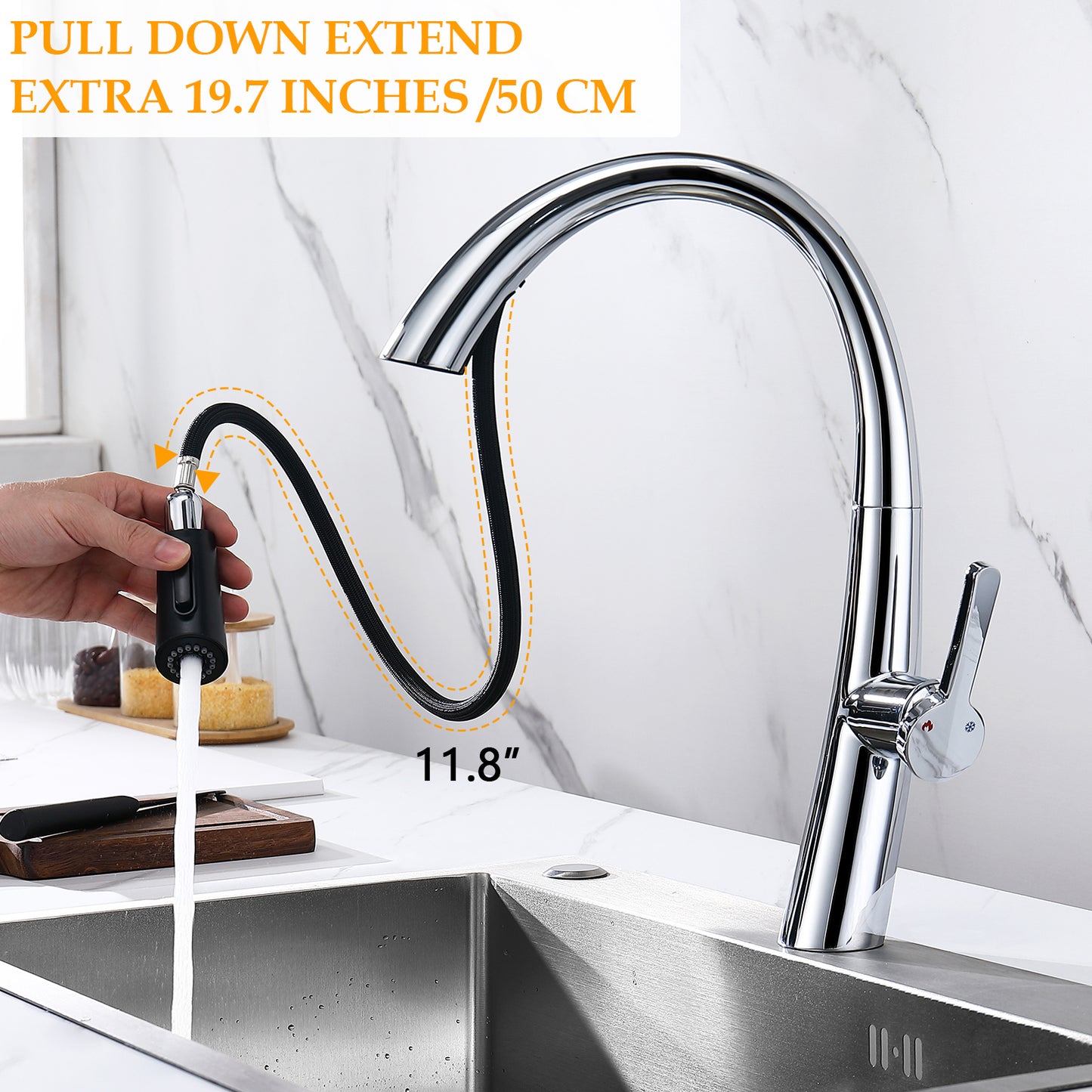 Chrome Single Handle Stainless Steel Pull Out Kitchen Faucet