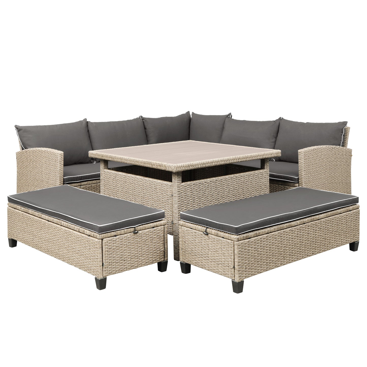 TOPMAX 6-Piece Patio Furniture Set Outdoor Wicker Rattan Sectional Sofa with Table and Benches for Backyard, Garden, Poolside