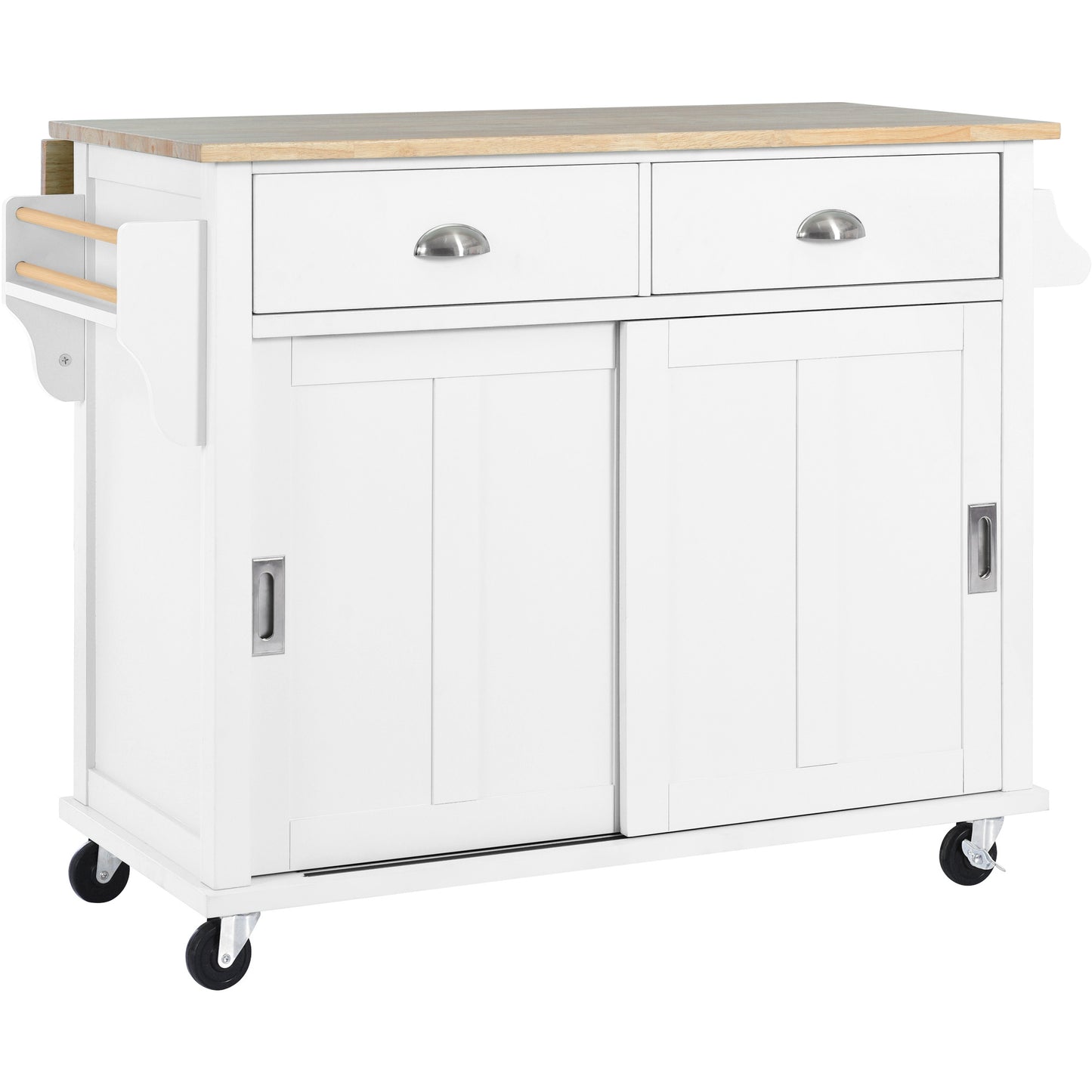 Kitchen Cart with Rubber wood Drop-Leaf Countertop, Concealed sliding barn door adjustable height,Kitchen Island on 4 Wheels with Storage Cabinet and 2 Drawers,L52.2xW30.5xH36.6 inch, White