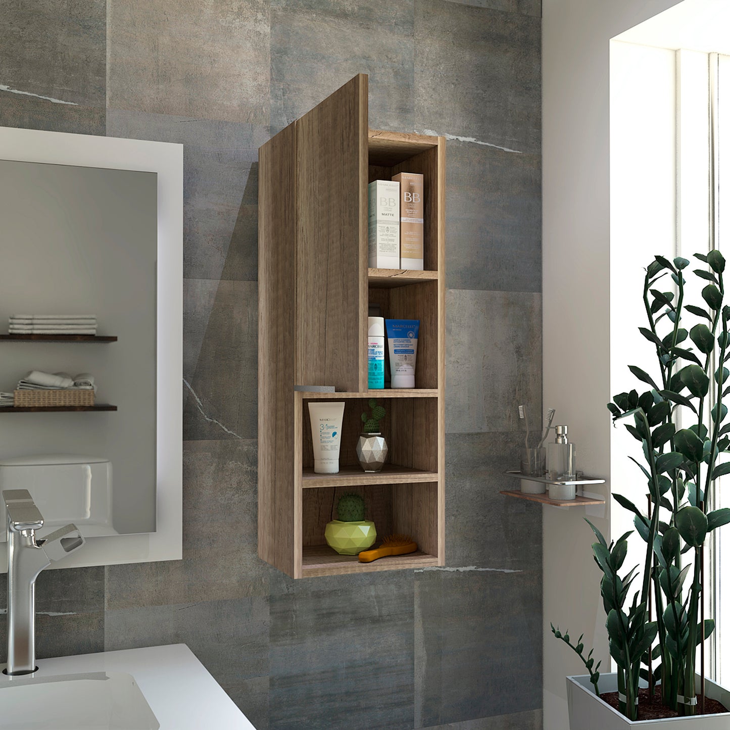 Mila Bathroom Cabinet, Two Interior  Shelves, Two External Shelves, Single Door Cabinet -Pine