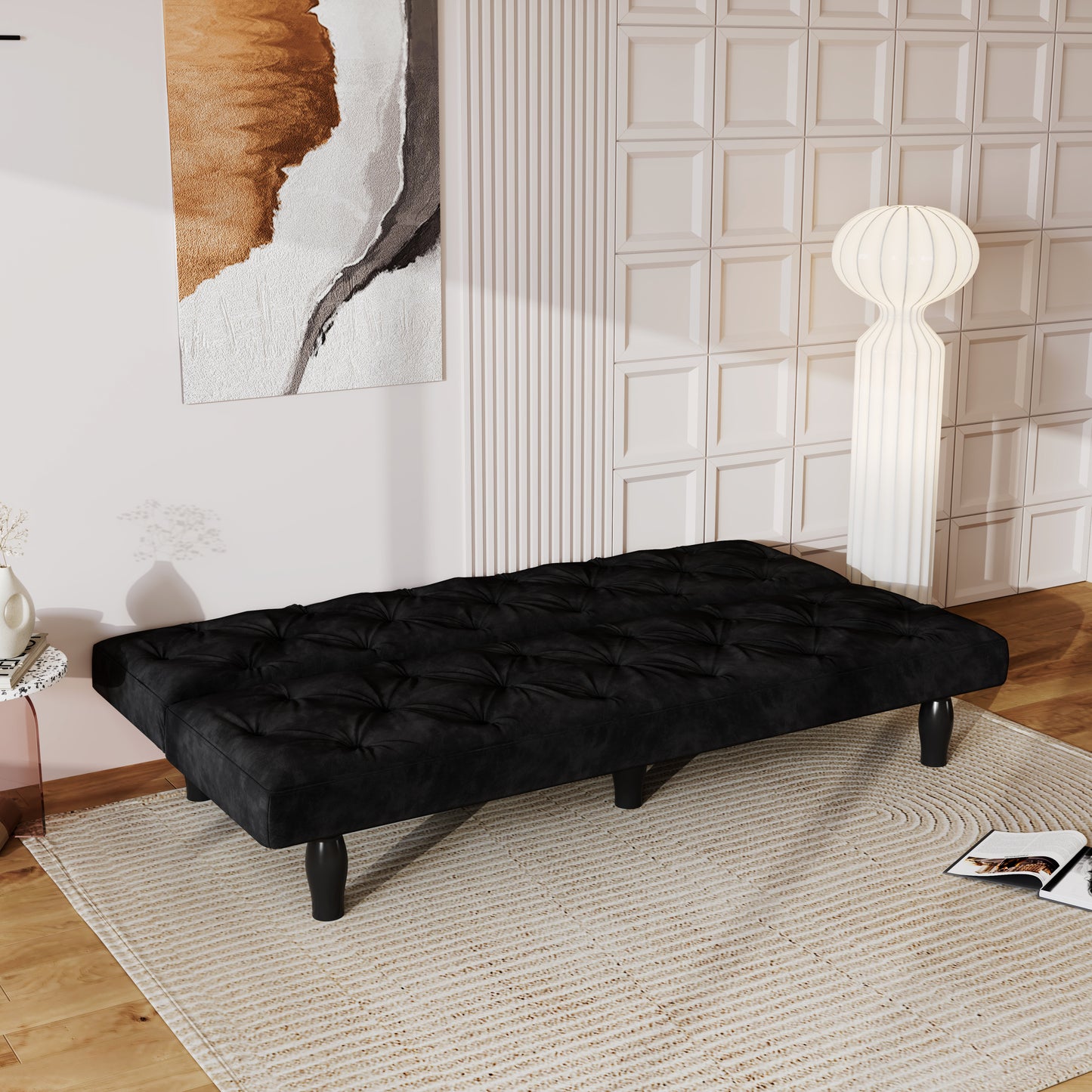 66" Black Velvet Convertible Sofa Bed