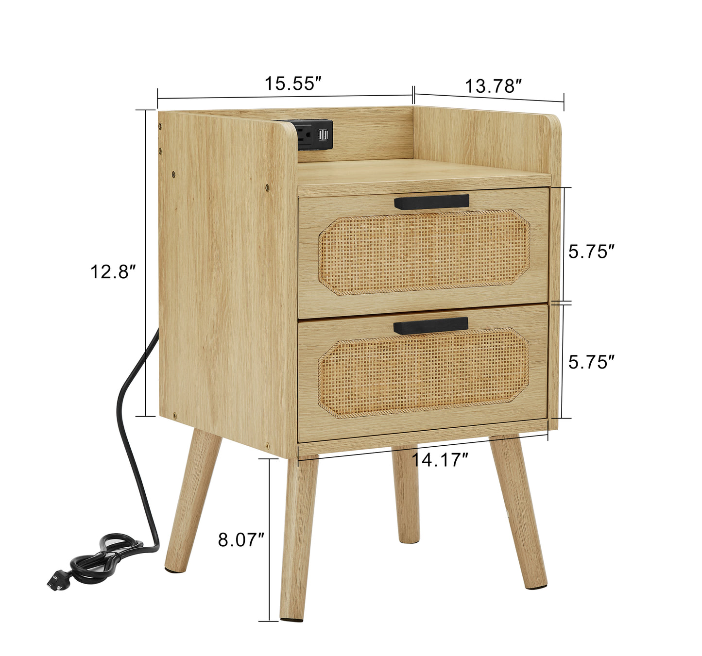 Natural and Handmade Rattan Nightstand with Socket Side Table